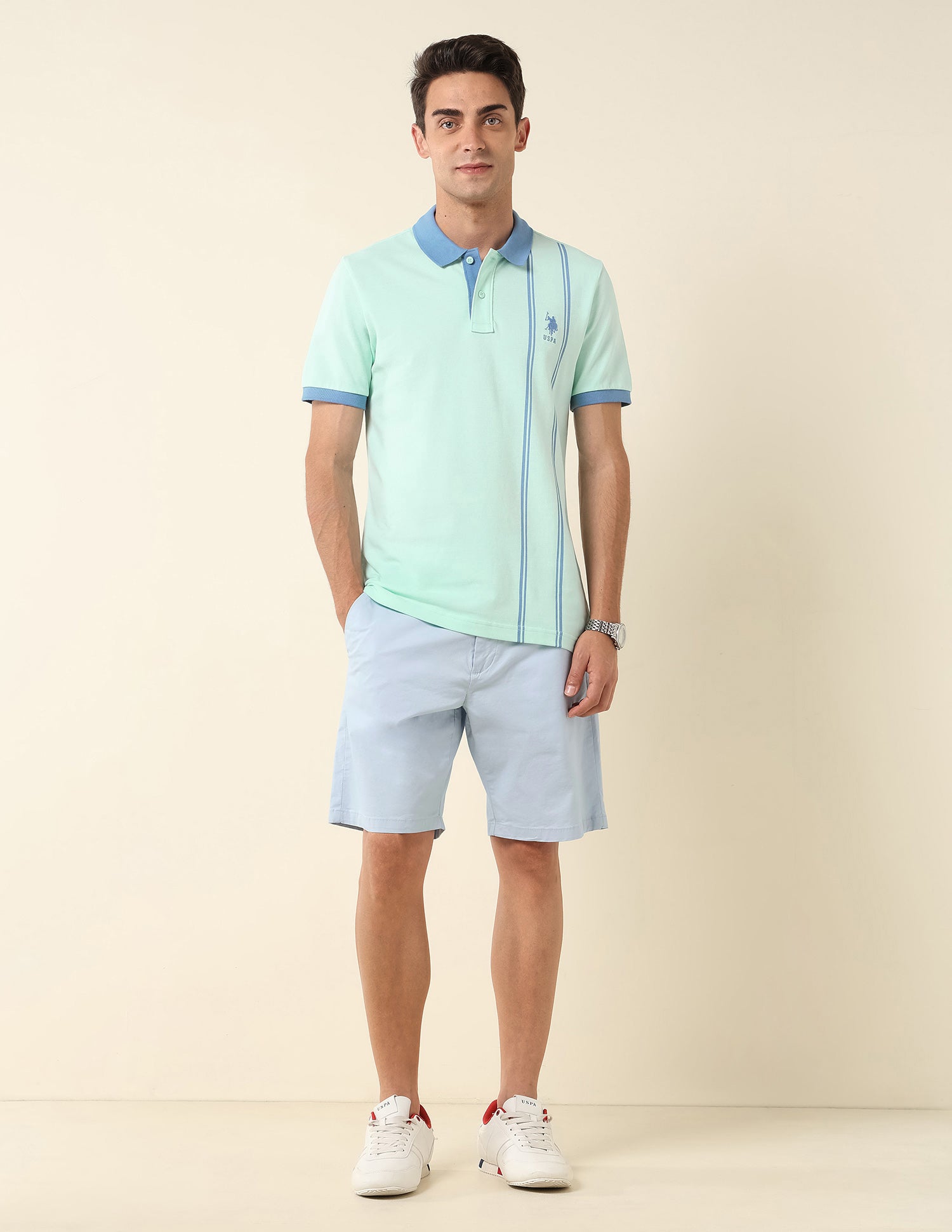 Vertical Striped Slim Fit Polo Shirt Light Green - U.S. Polo Assn. India | Large