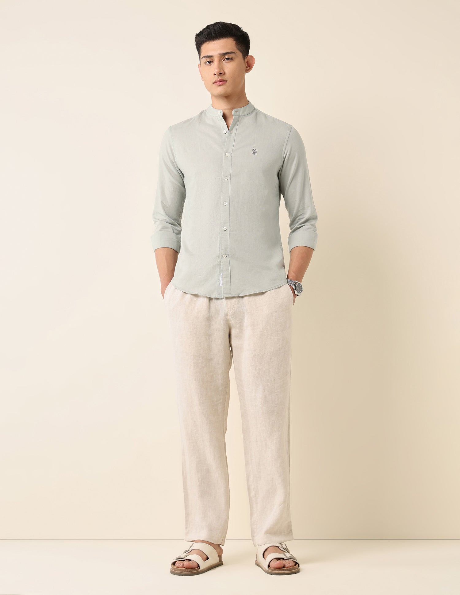 Tailored Fit Mandarin Shirt Light Green - U.S. Polo Assn. India | Large