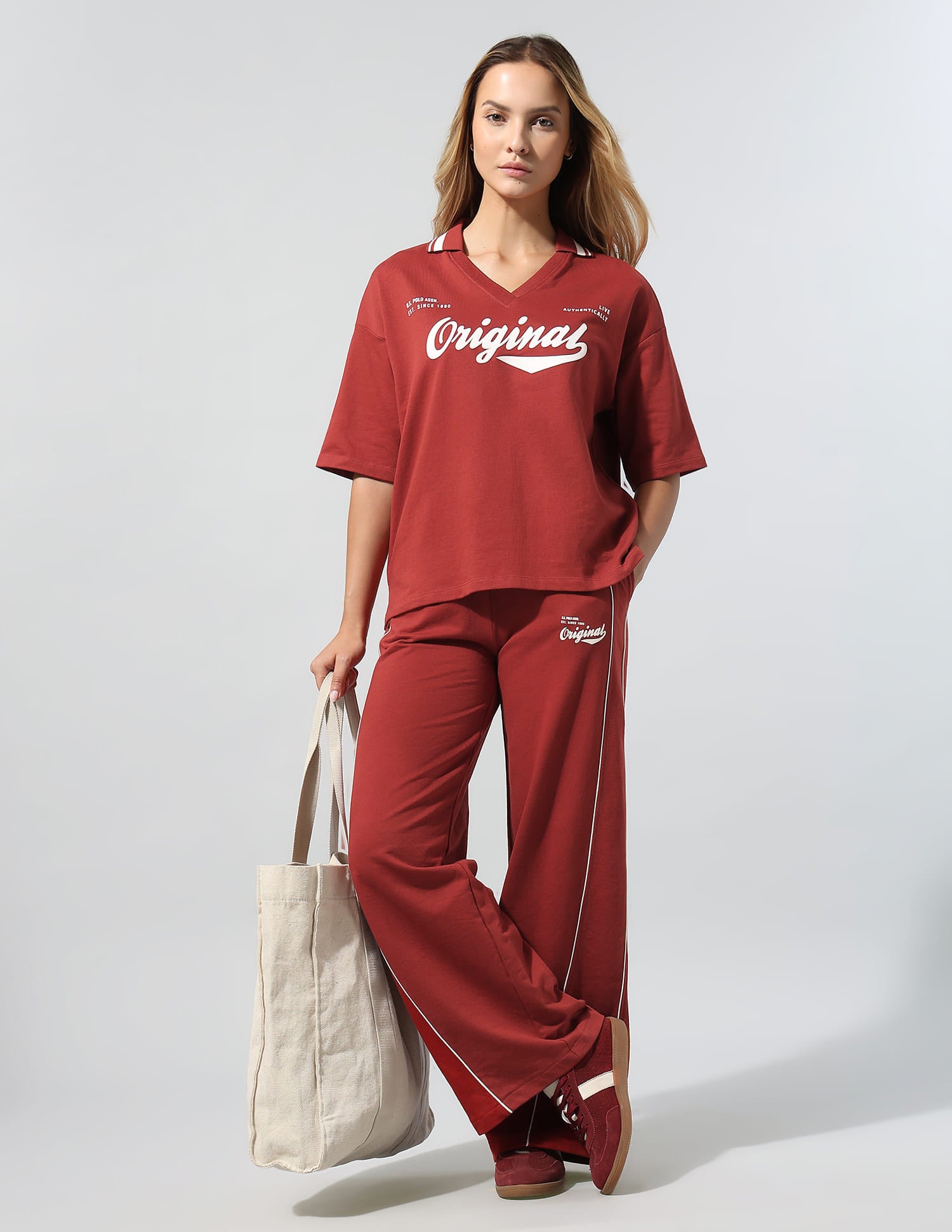 Polo Collar T-Shirt With Wide Leg Pants Red - U.S. Polo Assn. India | Large