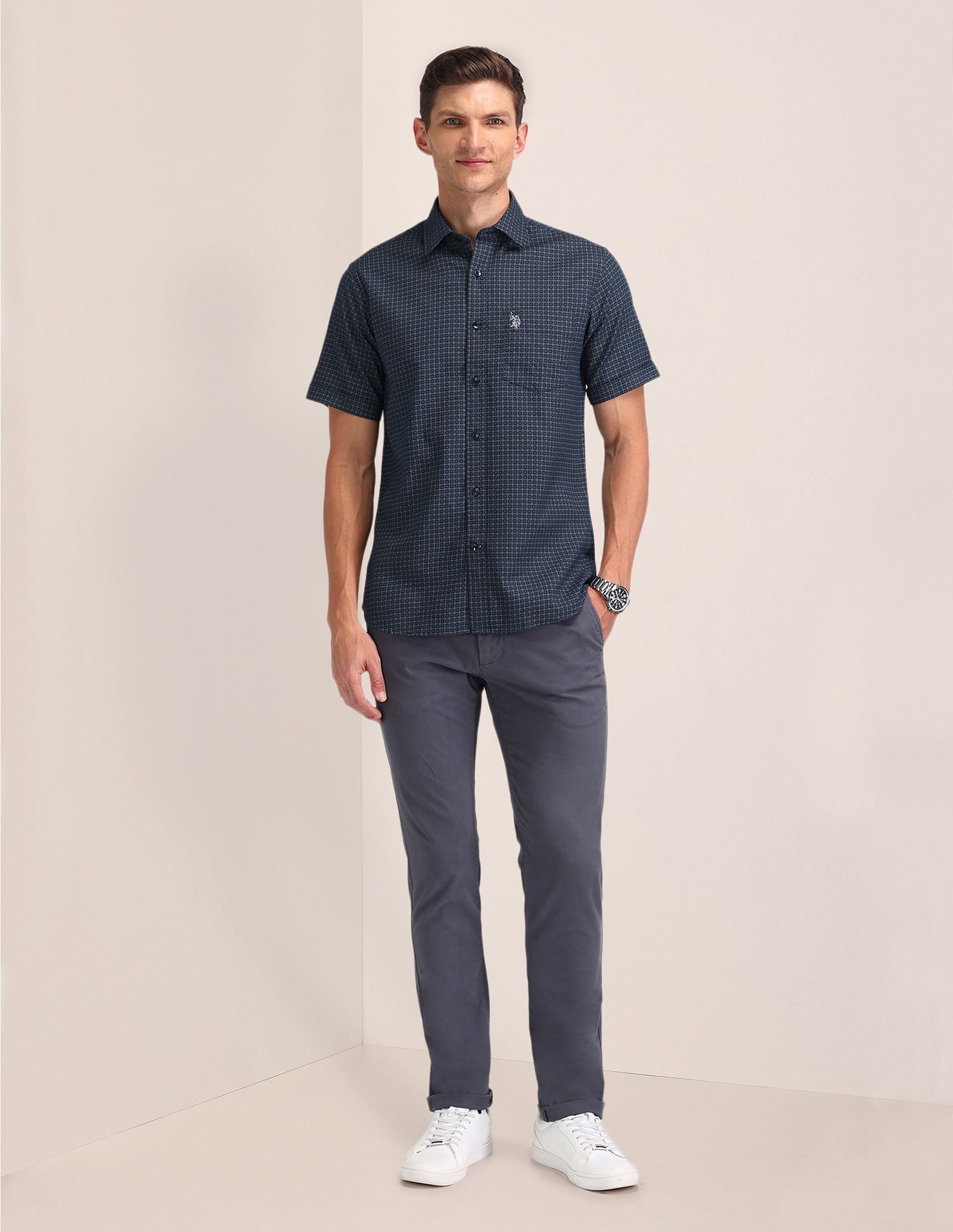 Tailored Fit Printed Shirt Blue - U.S. Polo Assn. India | Large