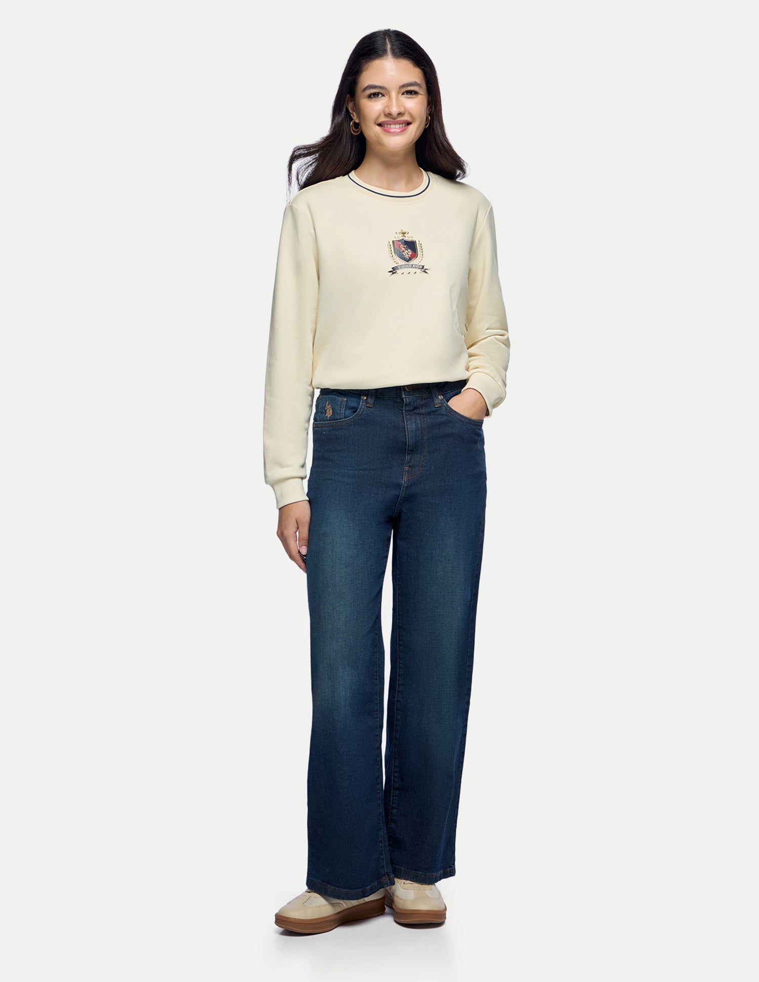 Brand Embossed Relaxed Fit Sweatshirt Ecru - U.S. Polo Assn. India | Large