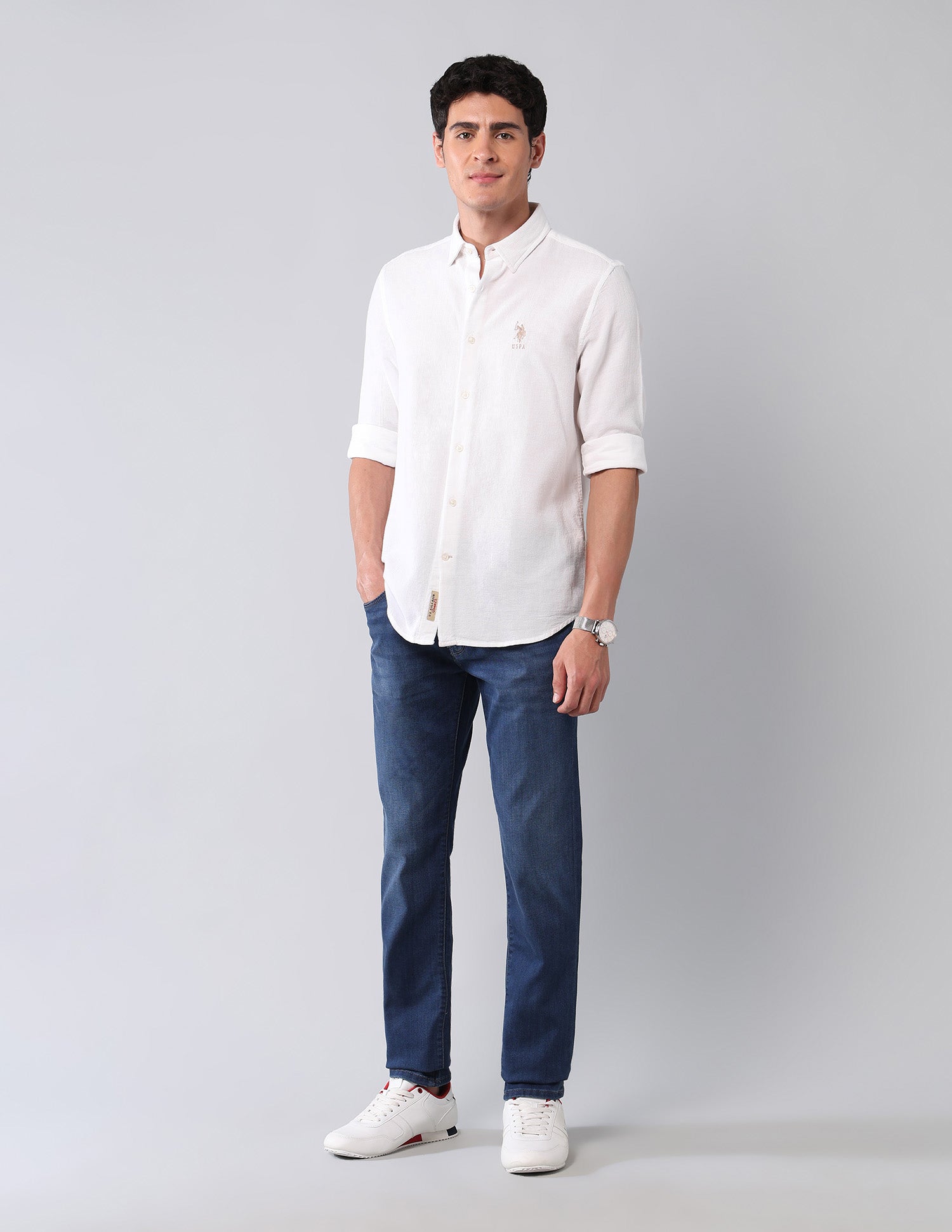 Pure Cotton Regular Fit Dobby Shirt White - U.S. Polo Assn. India | Large