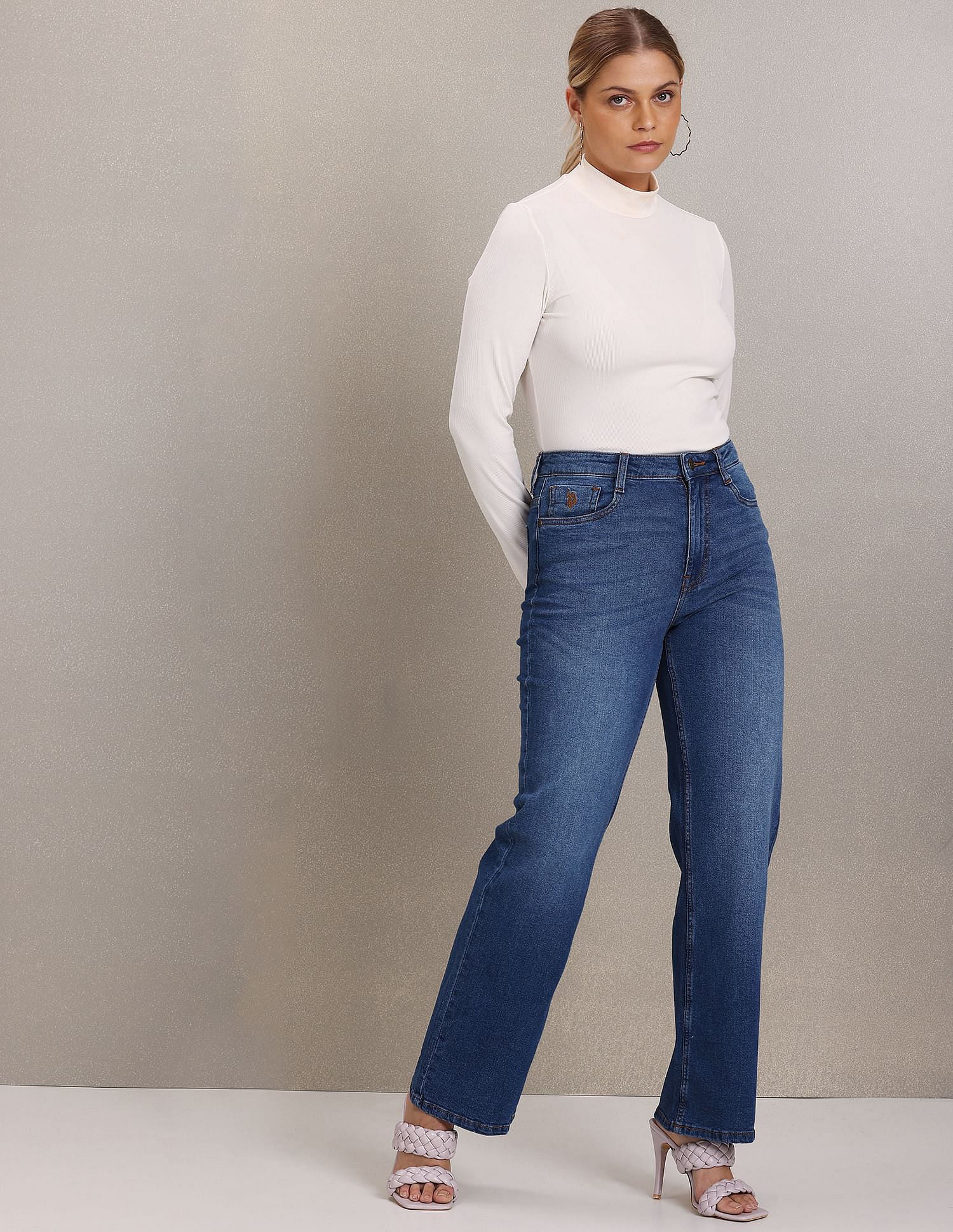 High Rise Stone Wash Flared Jeans Blue - U.S. POLO ASSN. | Large