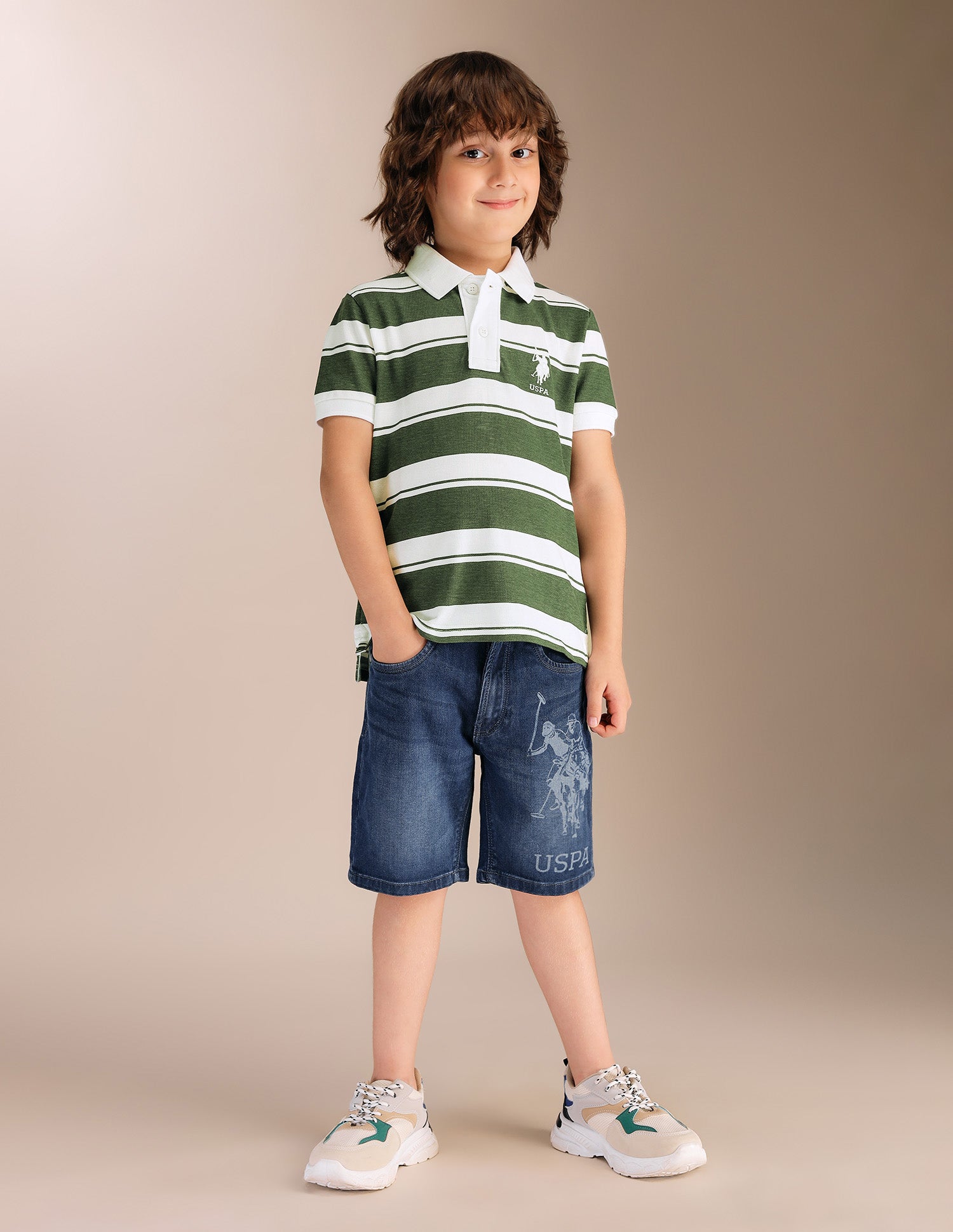 Boys Horizontal Striped Pure Cotton Polo Shirt Green - U.S. POLO ASSN. | Large