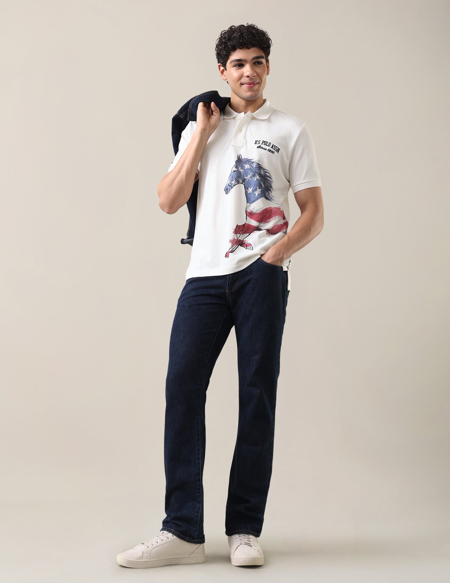 Graphic Brand Printed Slim Fit Polo Shirt Ivory - U.S. Polo Assn. India | Large