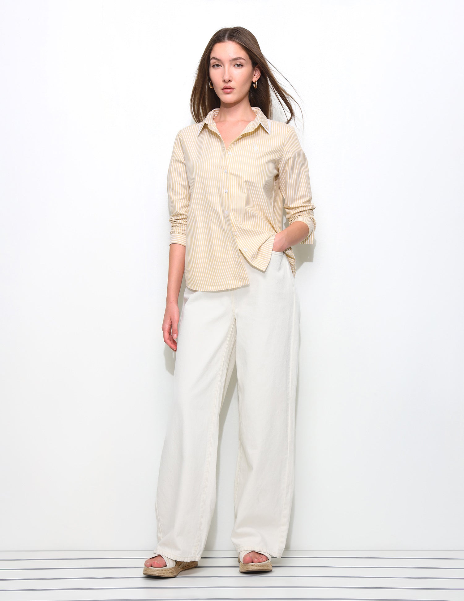 Vertical Striped Contrast Collar Shirt Light Yellow - U.S. Polo Assn. India | Large