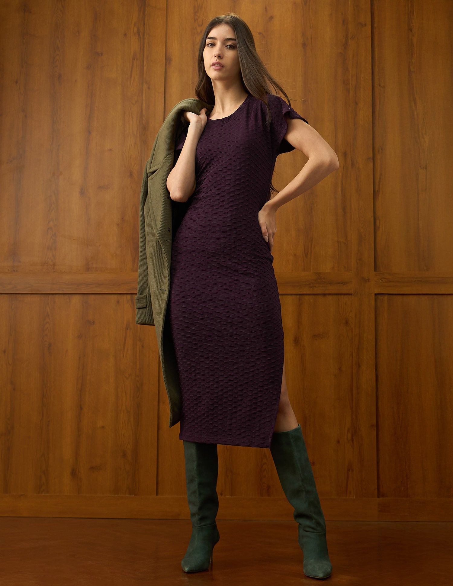 Textured Midi Shift Dress Plum - U.S. Polo Assn. India | Large