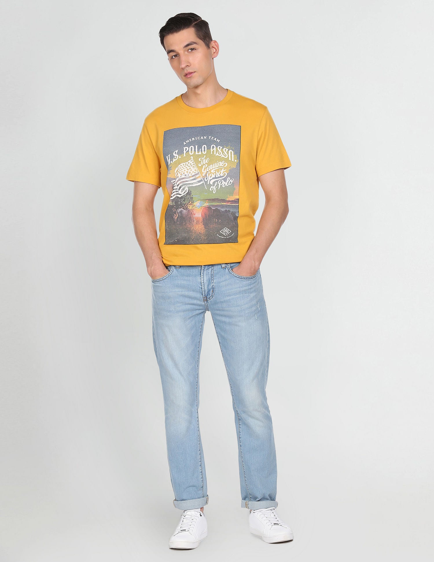 Men Mustard Crew Neck Brand Print T-Shirt Mustard - U.S. Polo Assn. India | Large