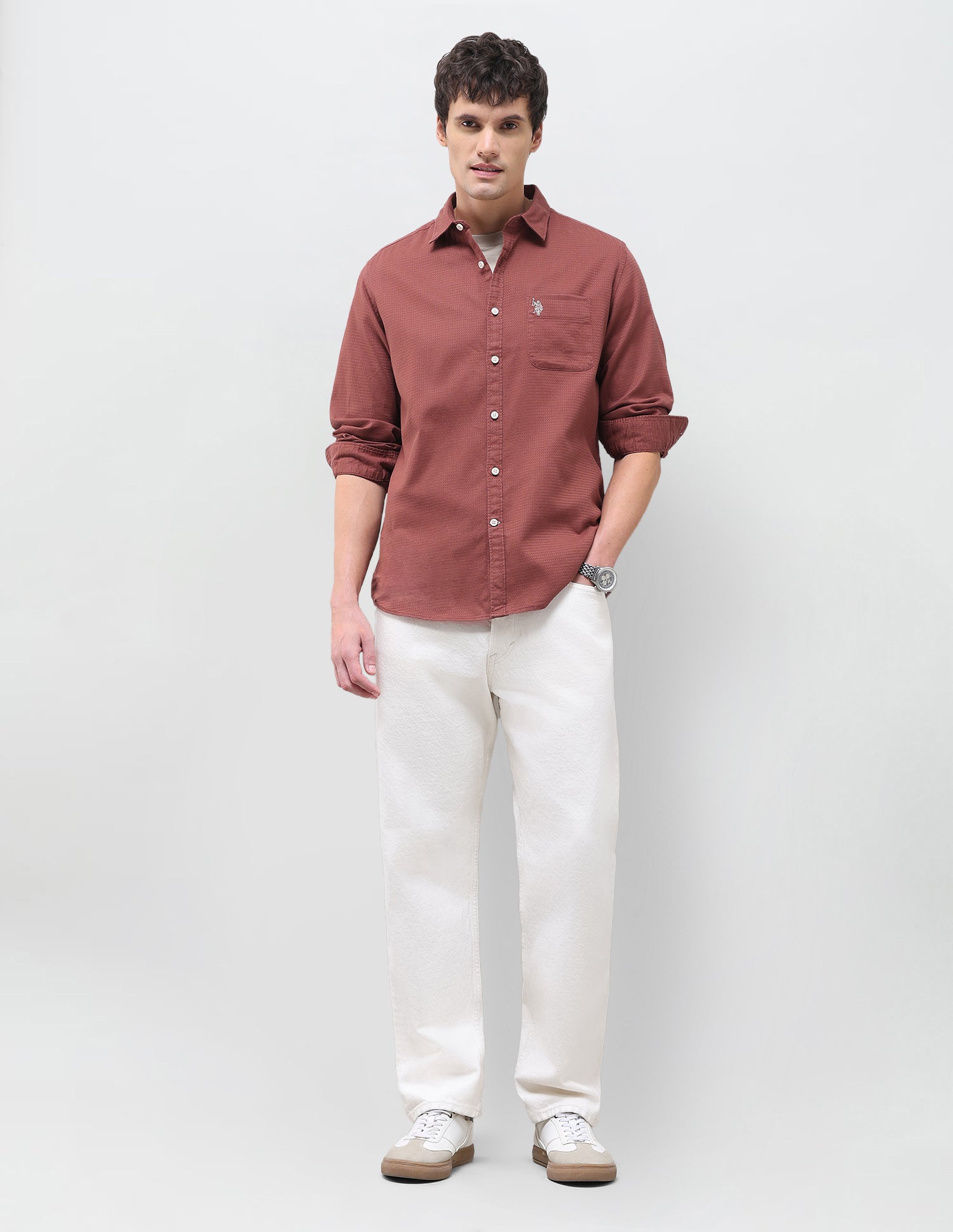 Textured Regular Fit Shirt Rust - U.S. Polo Assn. India | Large