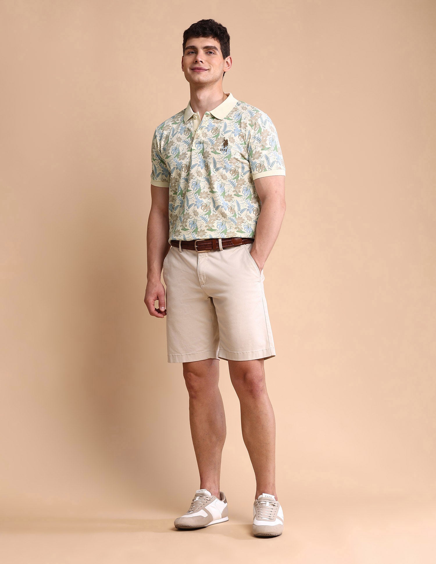 Floral Printed Slim Fit Polo Shirt Beige - U.S. POLO ASSN. | Large