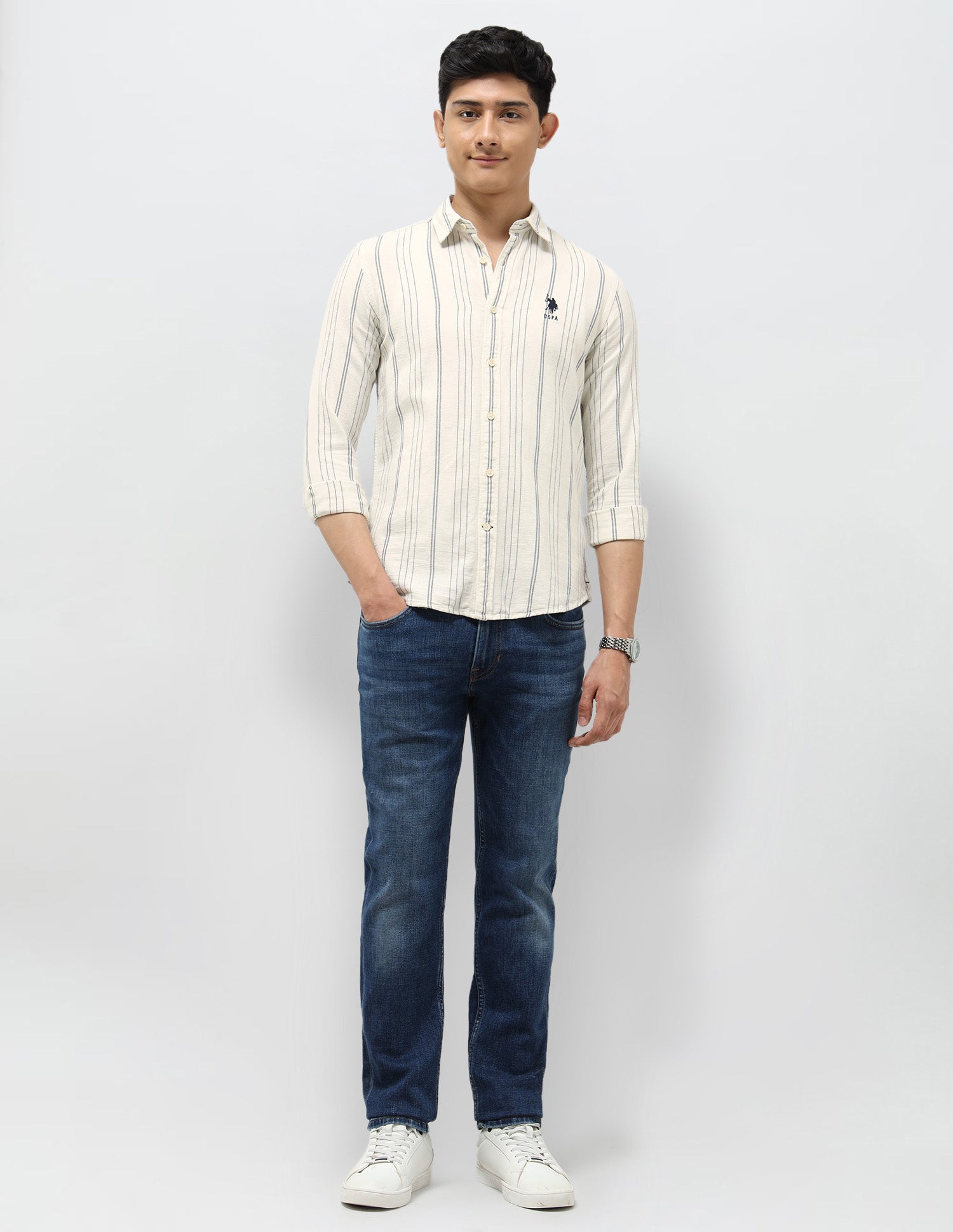Vertical Striped Regular Fit Shirt Off White - U.S. Polo Assn. India | Large