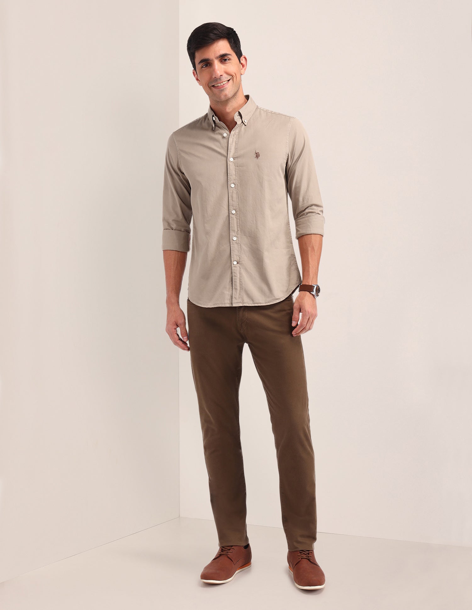 Solid Pattern Twill Shirt Beige - U.S. POLO ASSN. | Large