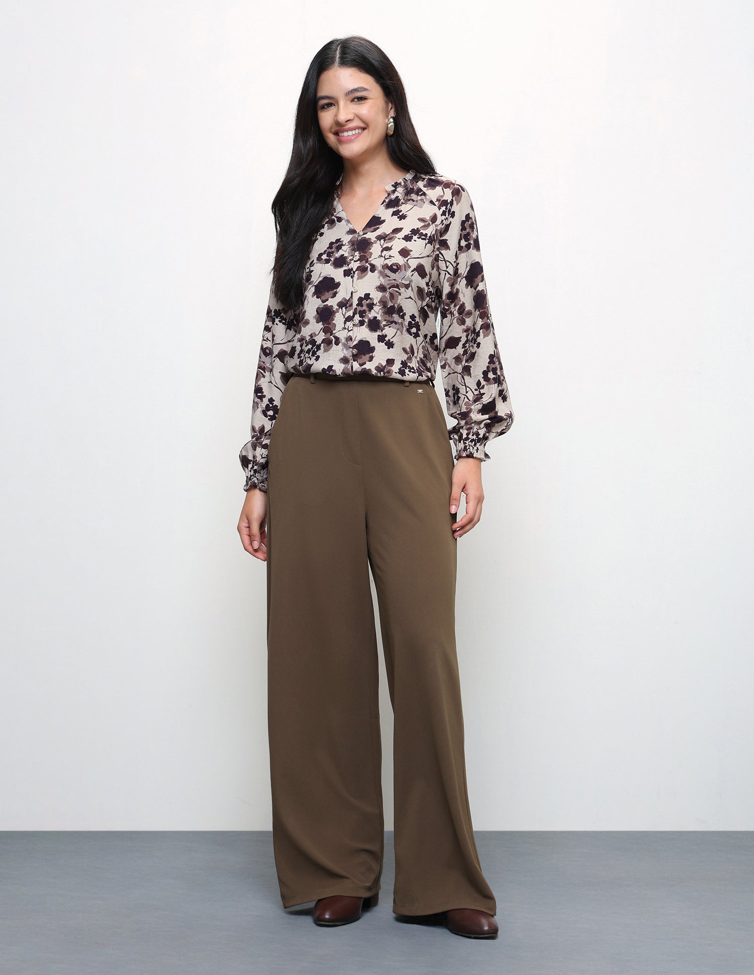 Wide Leg Fit High Rise Trousers Light Brown - U.S. Polo Assn. India | Large