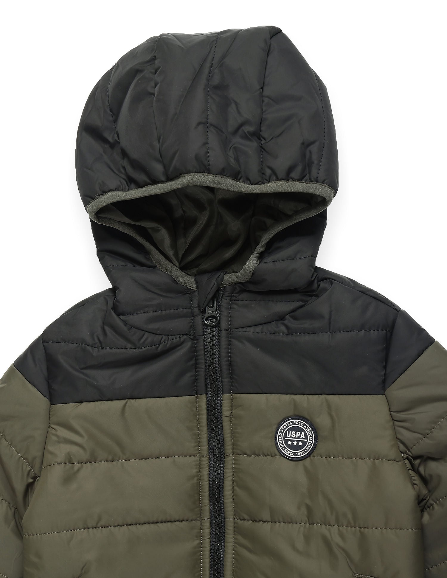 Boys Colour Block Hooded Puffer Jacket Olive - U.S. POLO ASSN. | Large
