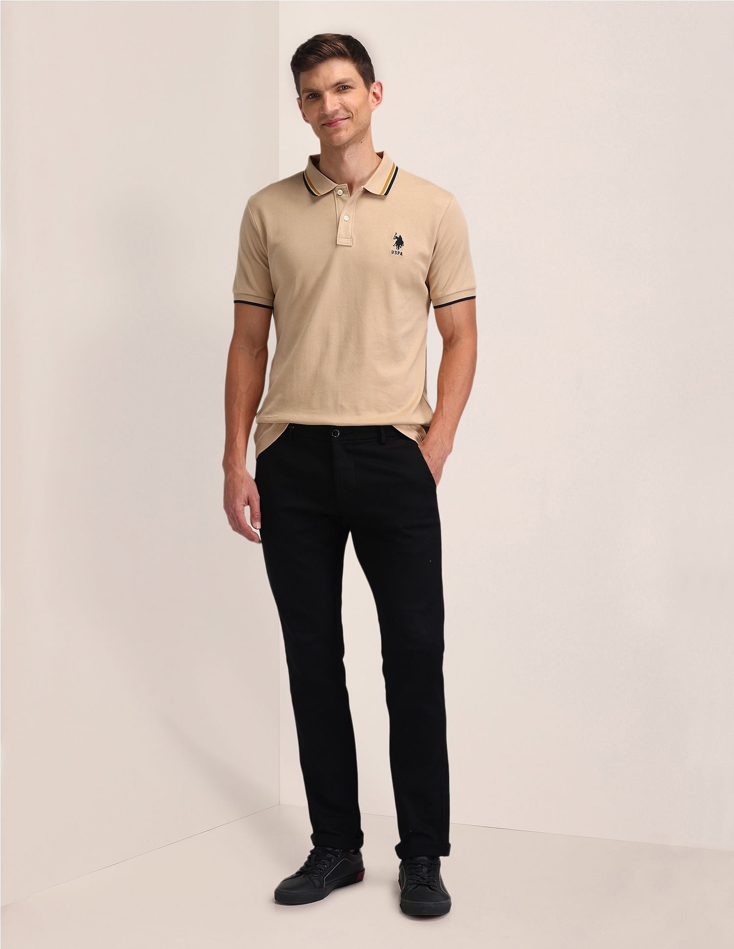 Solid Straight Fit Polo Shirt Beige - U.S. POLO ASSN. | Large