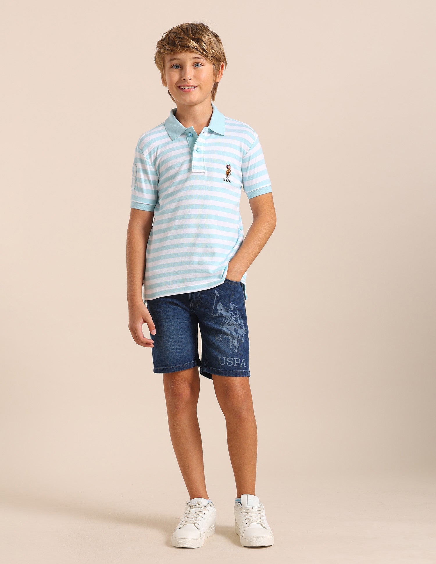 Boys Horizontal Striped Regular Fit Polo T shirt Light Blue - U.S. POLO ASSN. | Large