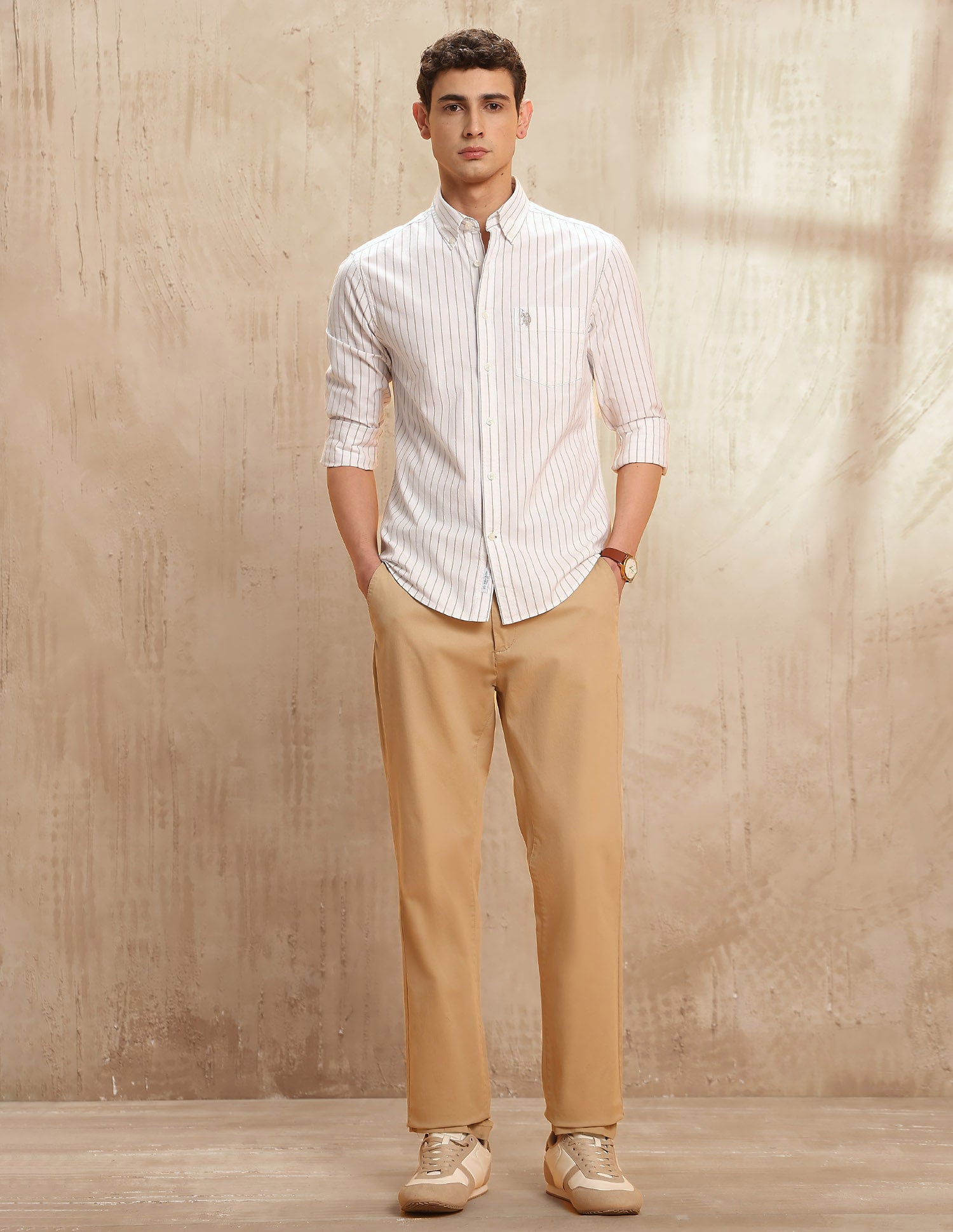 Vertical Striped Button-Down Shirt Beige - U.S. POLO ASSN. | Large