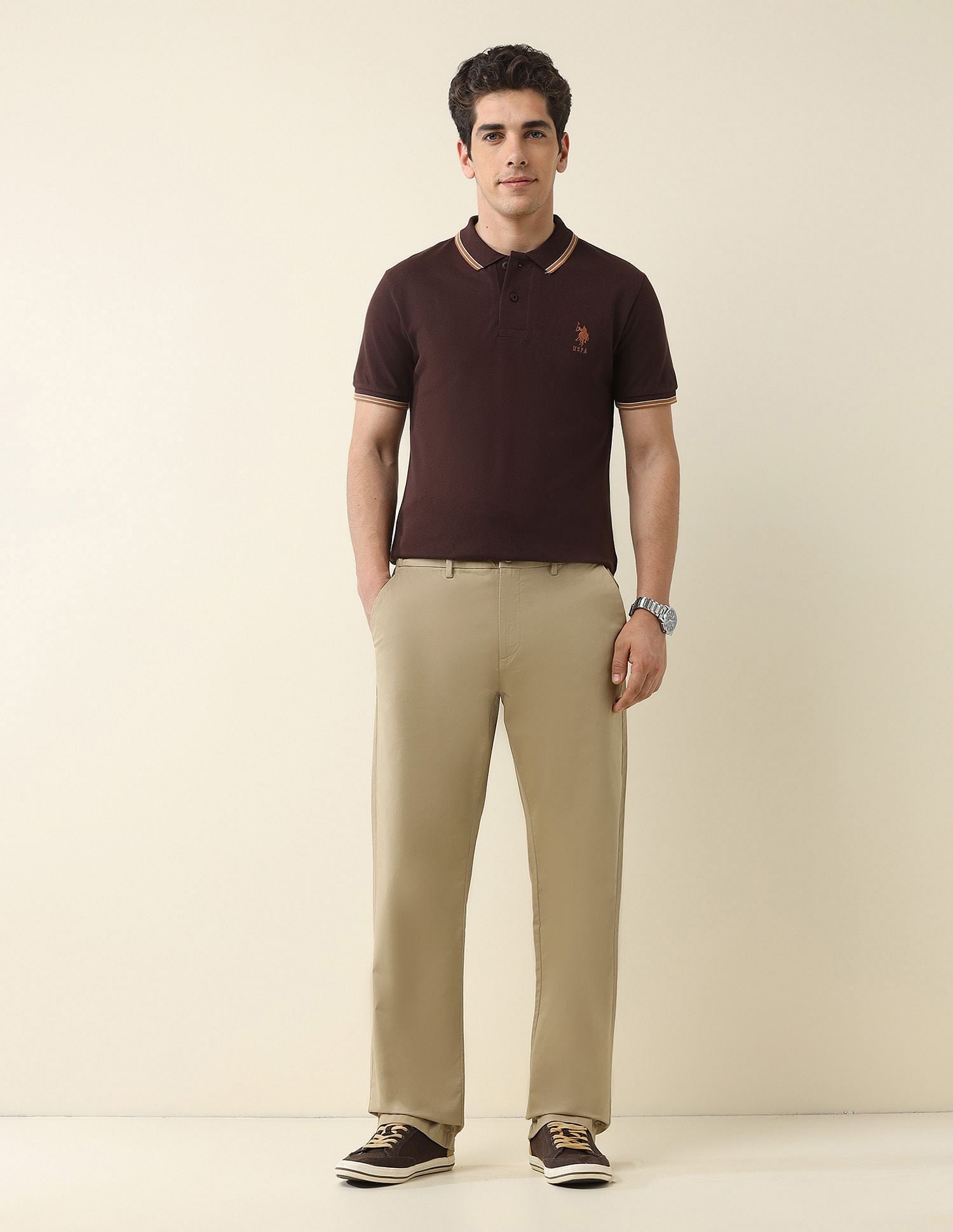 Straight Fit Solid Chinos Khaki - U.S. Polo Assn. India | Large
