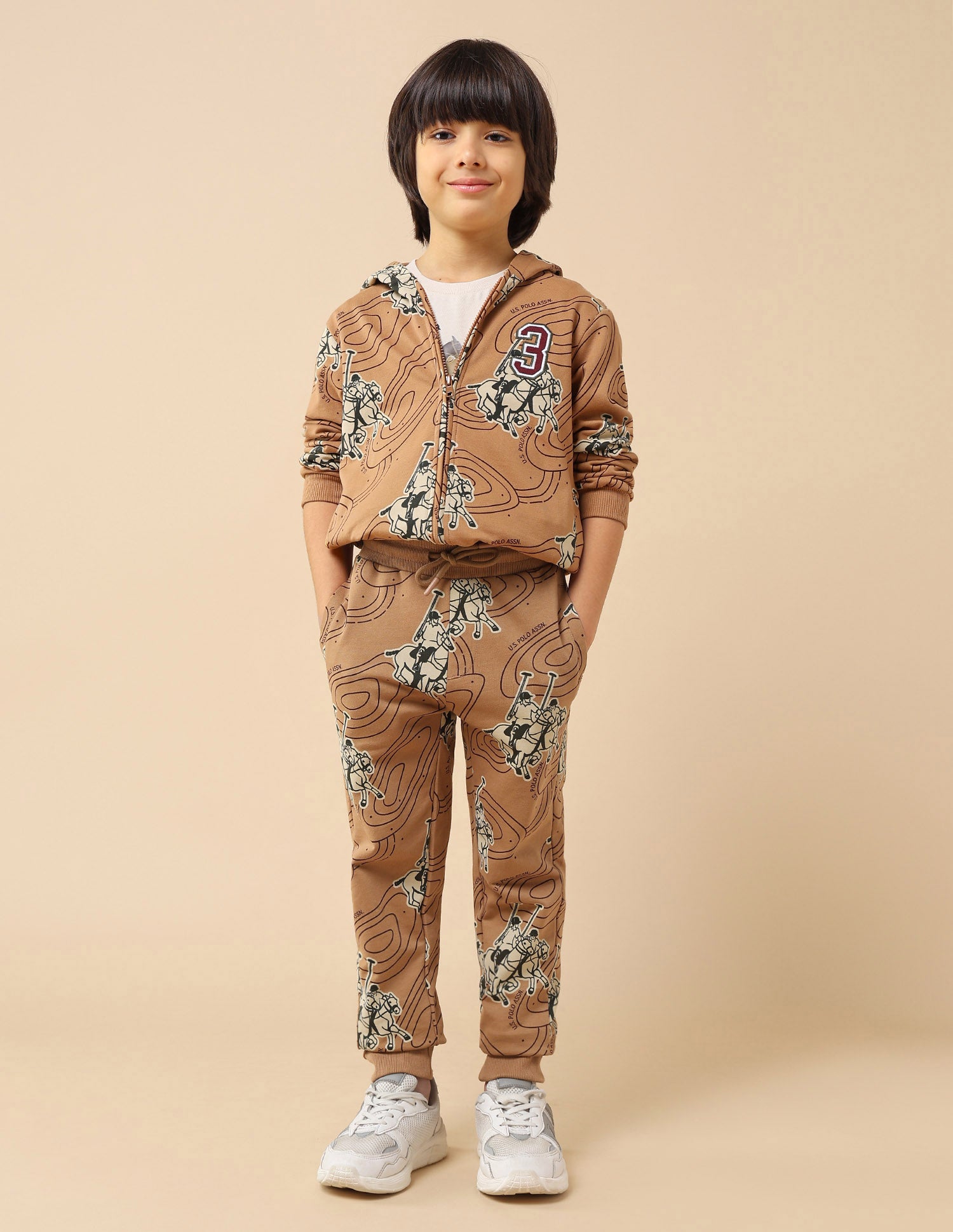 Boys Graphic Brand Printed Regular Fit Joggers Light Brown - U.S. POLO ASSN. | Large