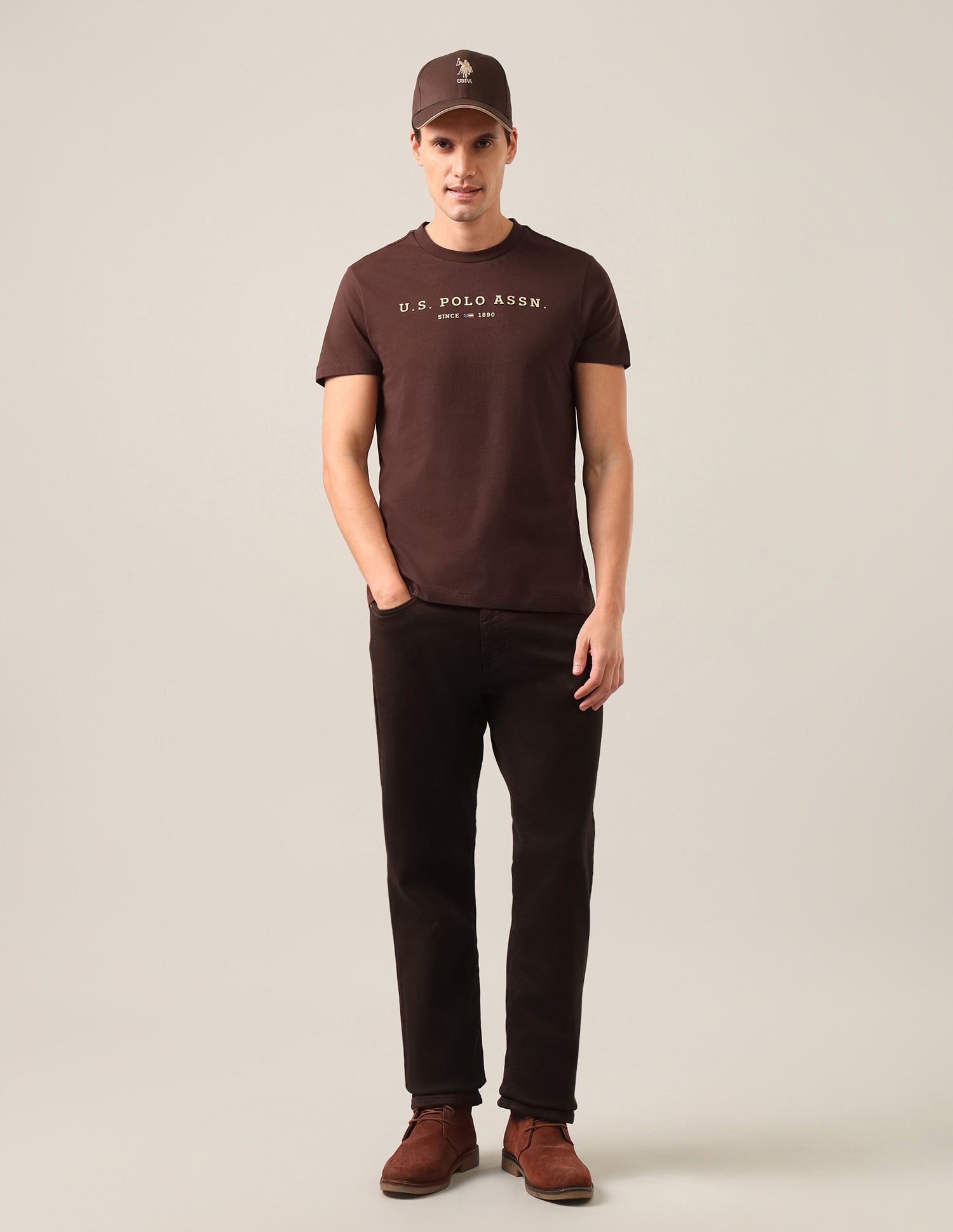 Brand Embossed Regular Fit T-Shirt Dark Brown - U.S. Polo Assn. India | Large