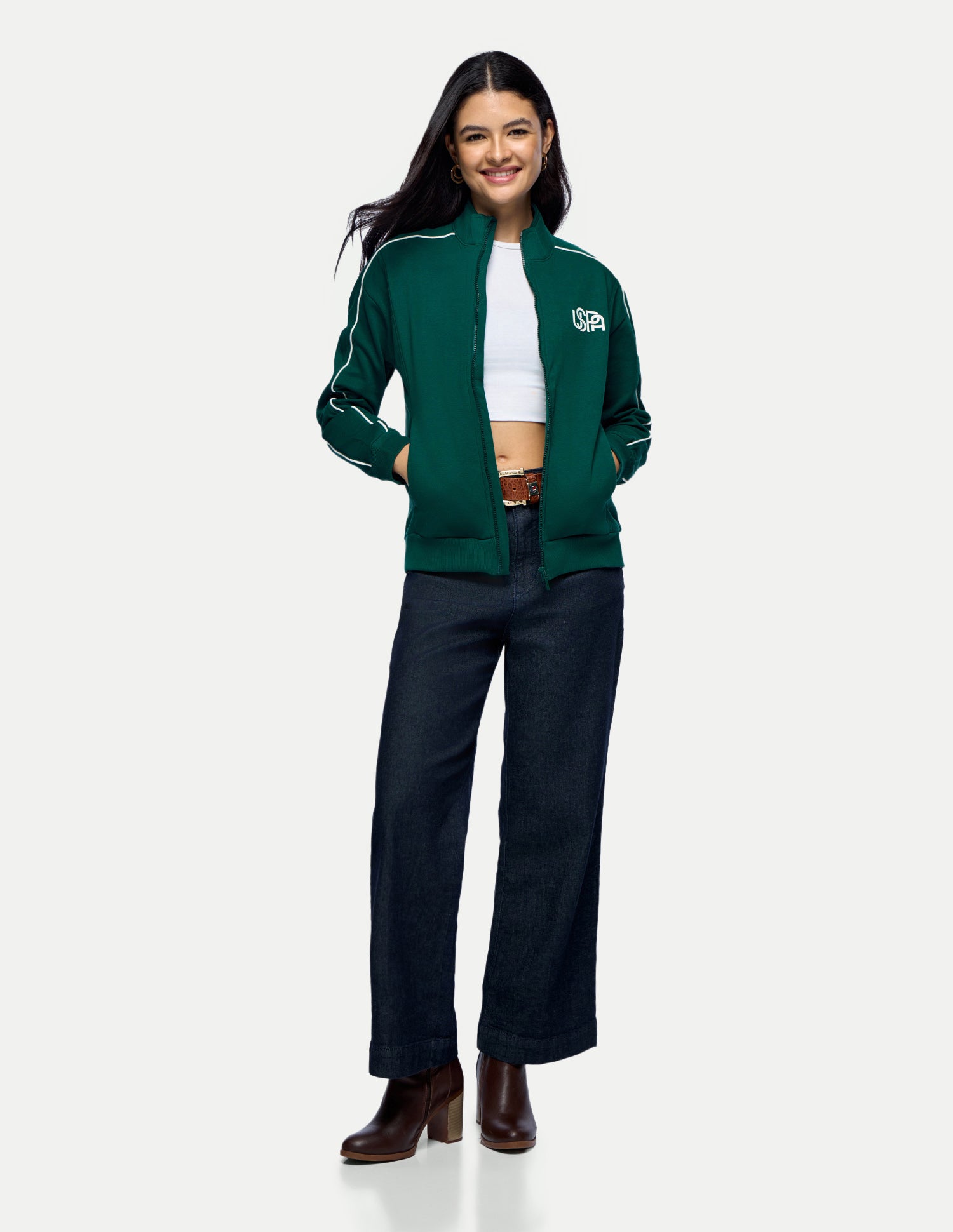 Contrast Piping Zipper Jacket Dark Green - U.S. Polo Assn. India | Large