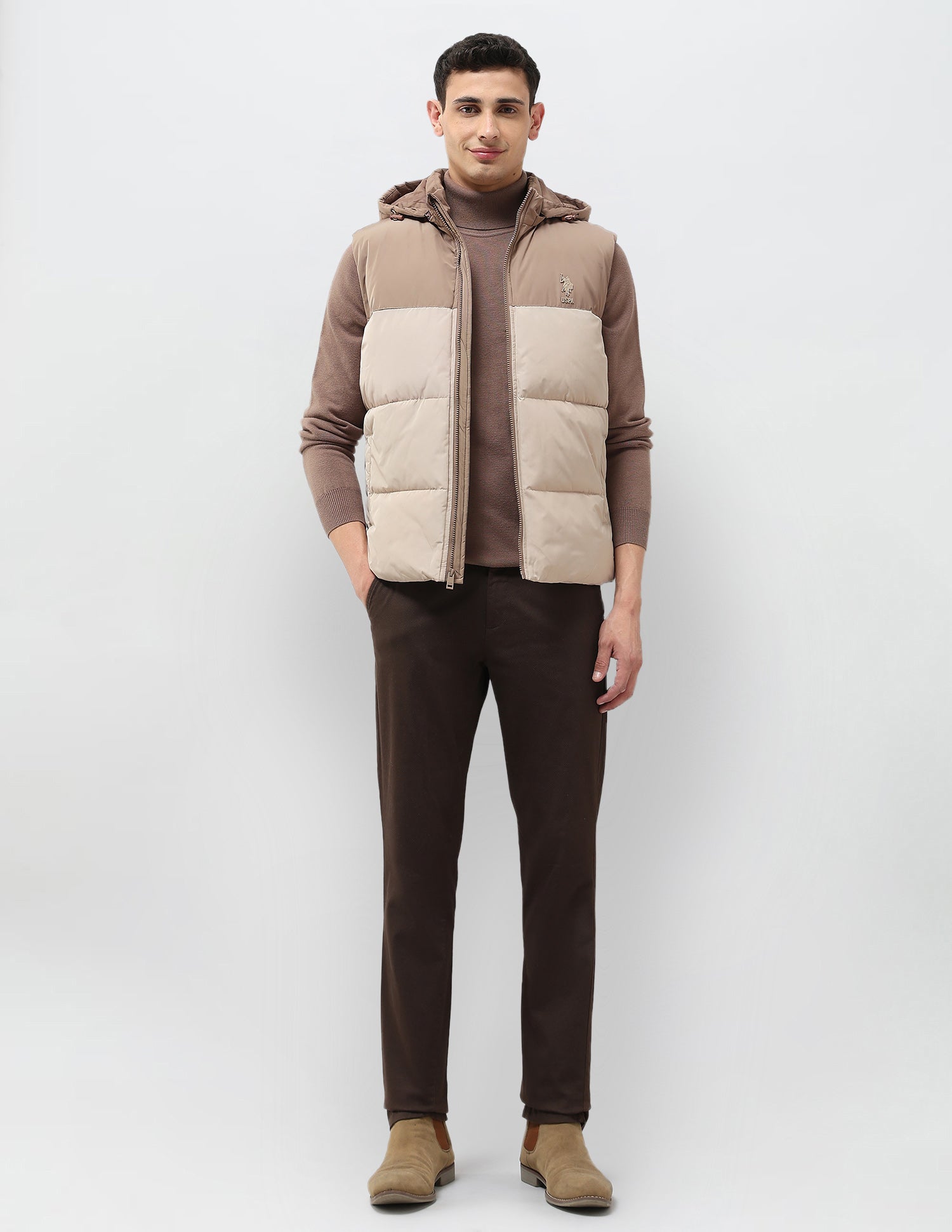 Detachable Hood Colour Blocked Jacket Beige - U.S. POLO ASSN. | Large