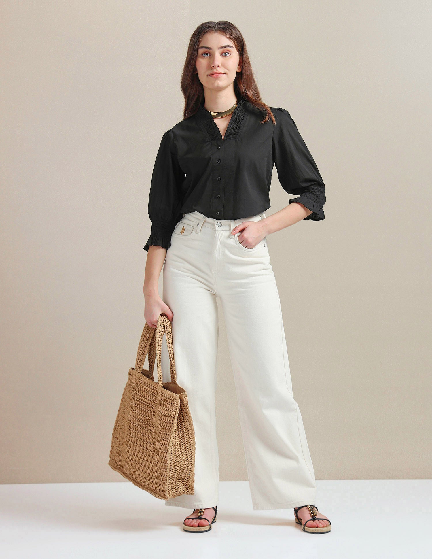 Ruffled V-Neck Cotton Top Off-White - U.S. POLO ASSN. | Large