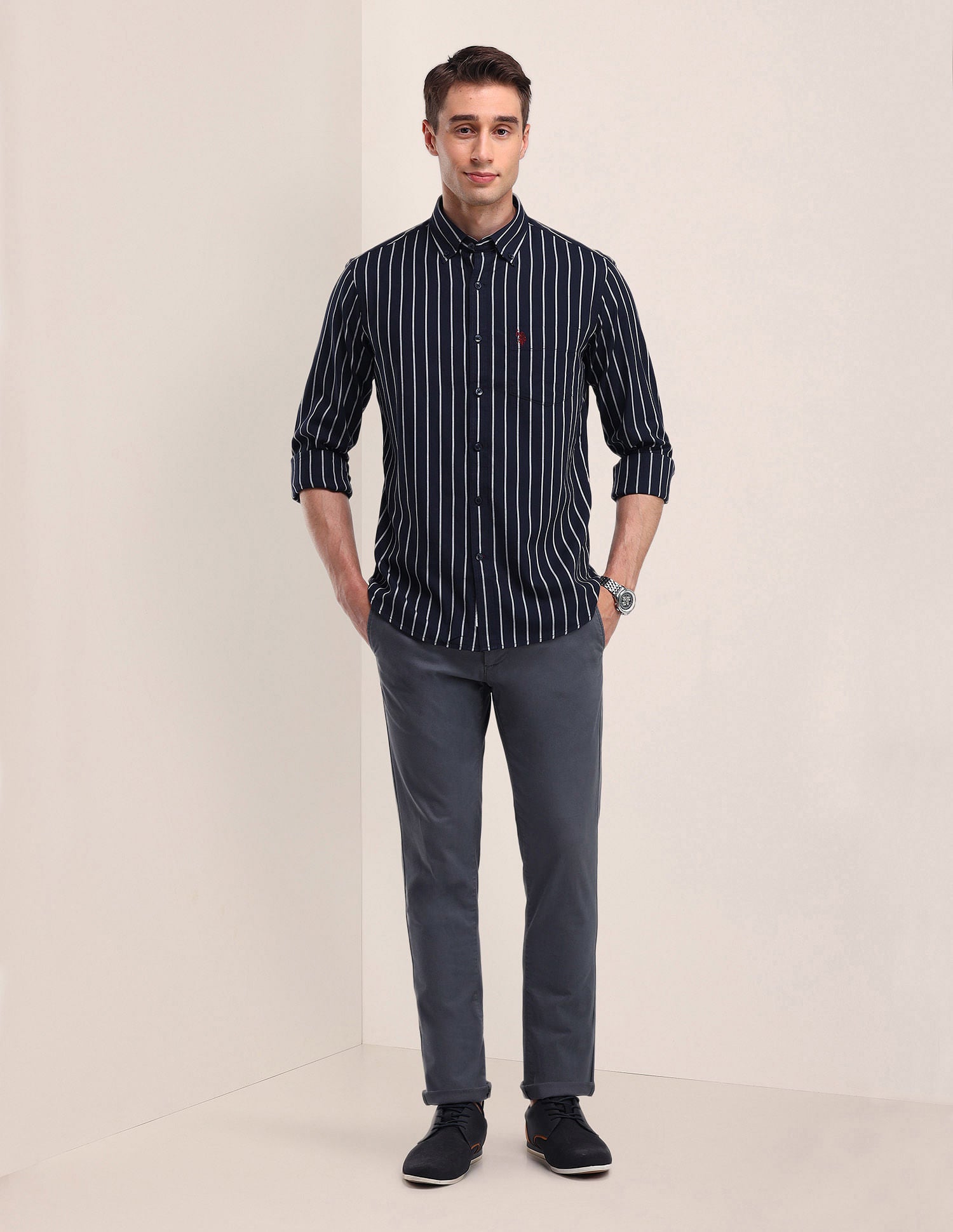 Tailored Fit Cotton Striped Shirt Navy - U.S. POLO ASSN. | Large