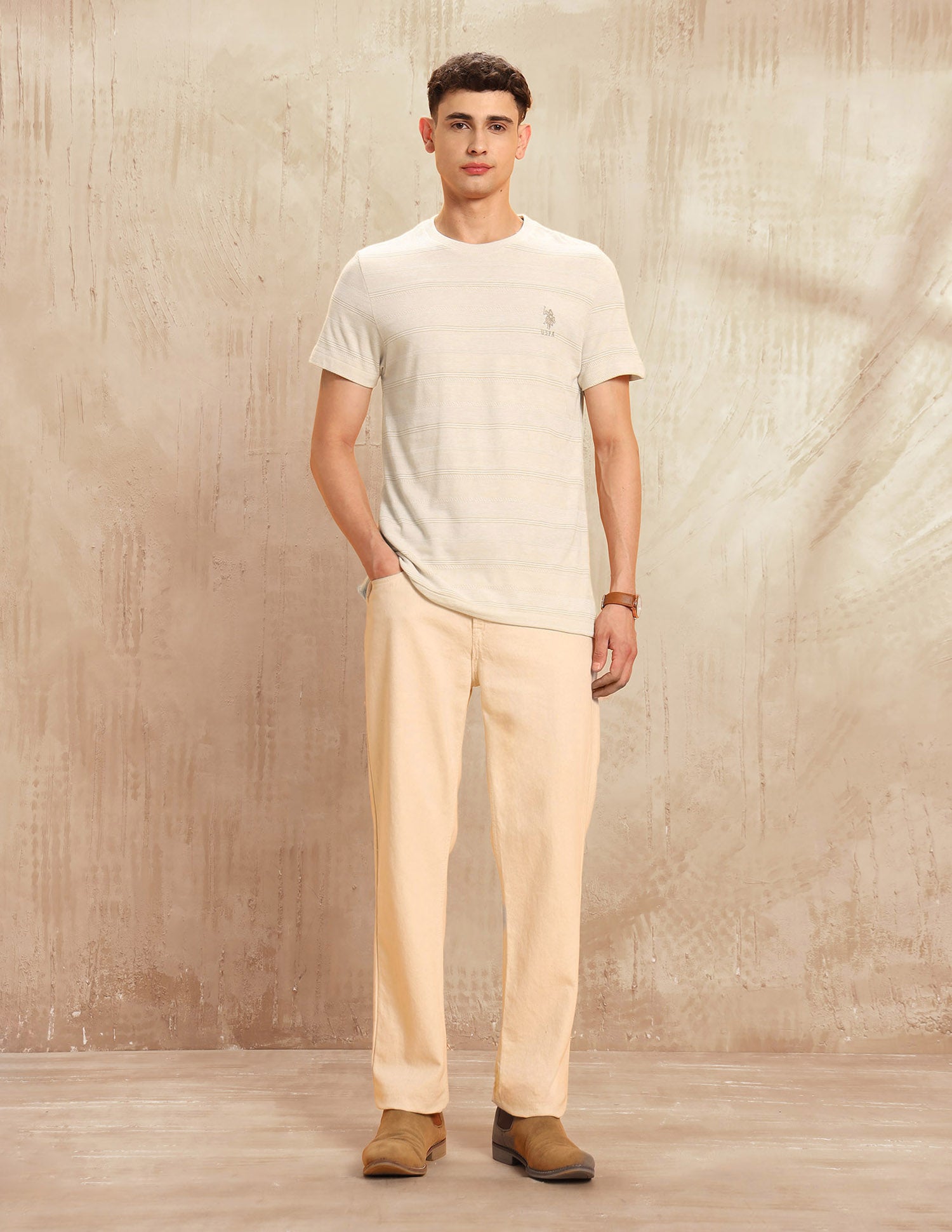 Horizontal Striped Slim Fit T-Shirt Beige - U.S. POLO ASSN. | Large
