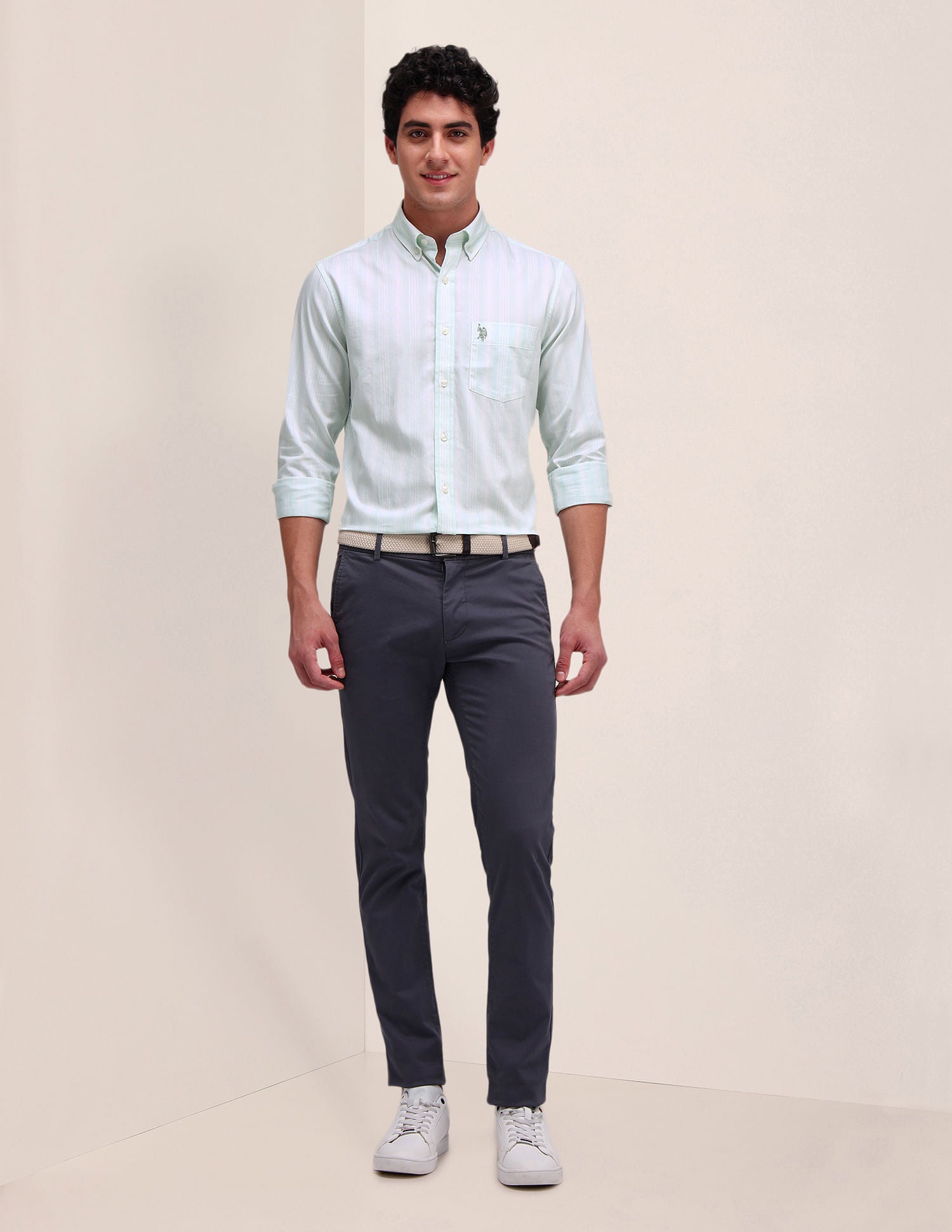 Vertical Striped Twill Weave Shirt Light Green - U.S. Polo Assn. India | Large