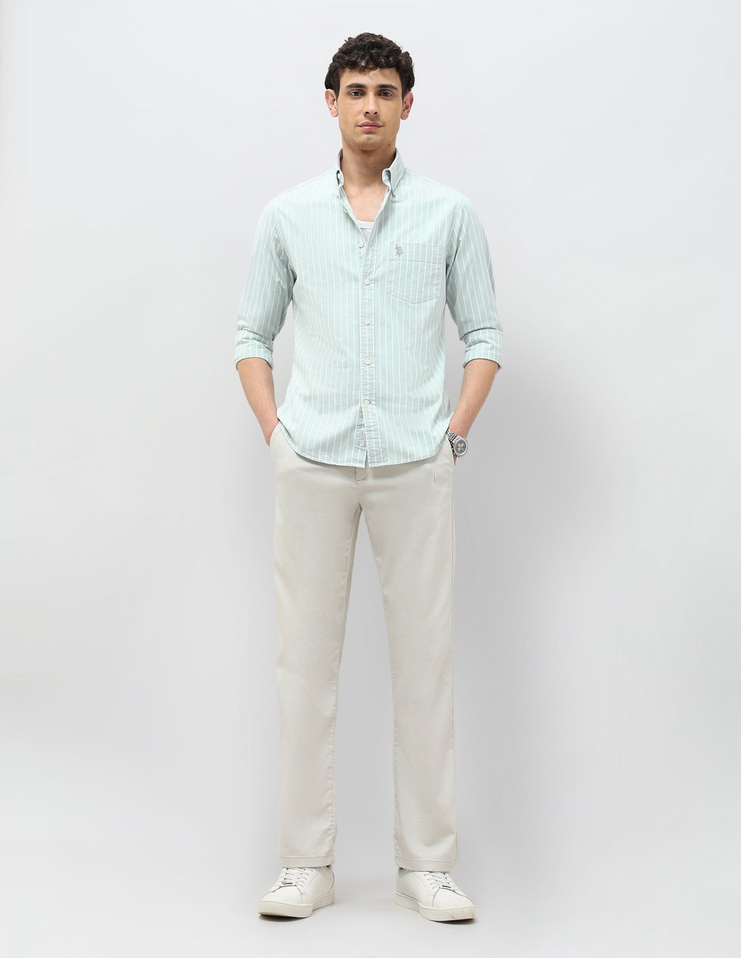 Vertical Striped Tailored Fit Shirt Light Green - U.S. POLO ASSN. | Large