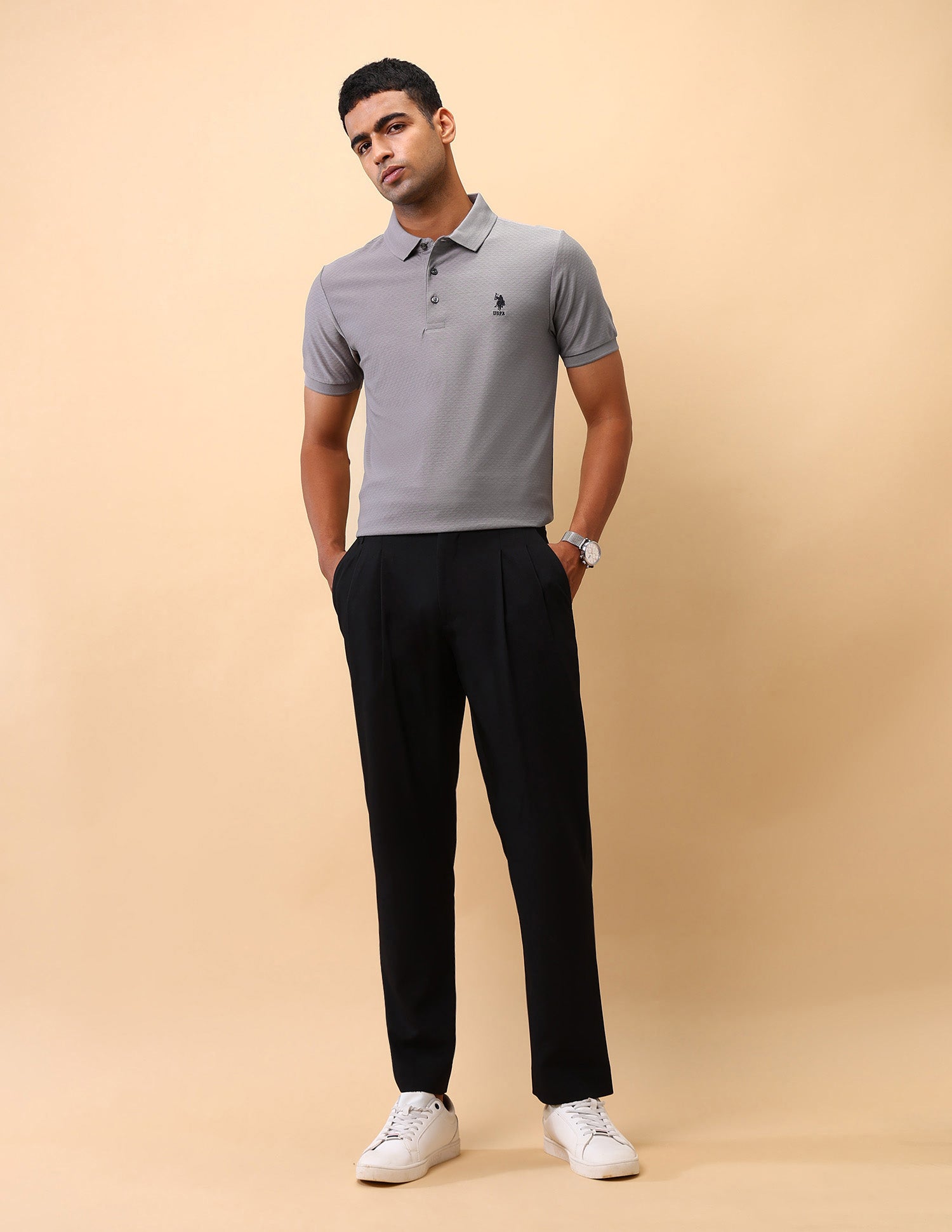 Textured Pure Cotton Polo Shirt Grey - U.S. POLO ASSN. | Large