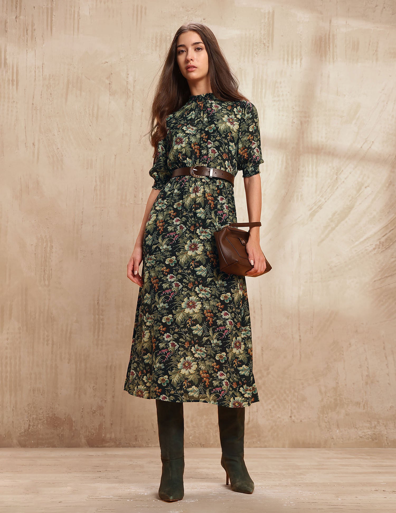 Smocked Floral Printed A-Line Midi Dress Black - U.S. POLO ASSN. | Large