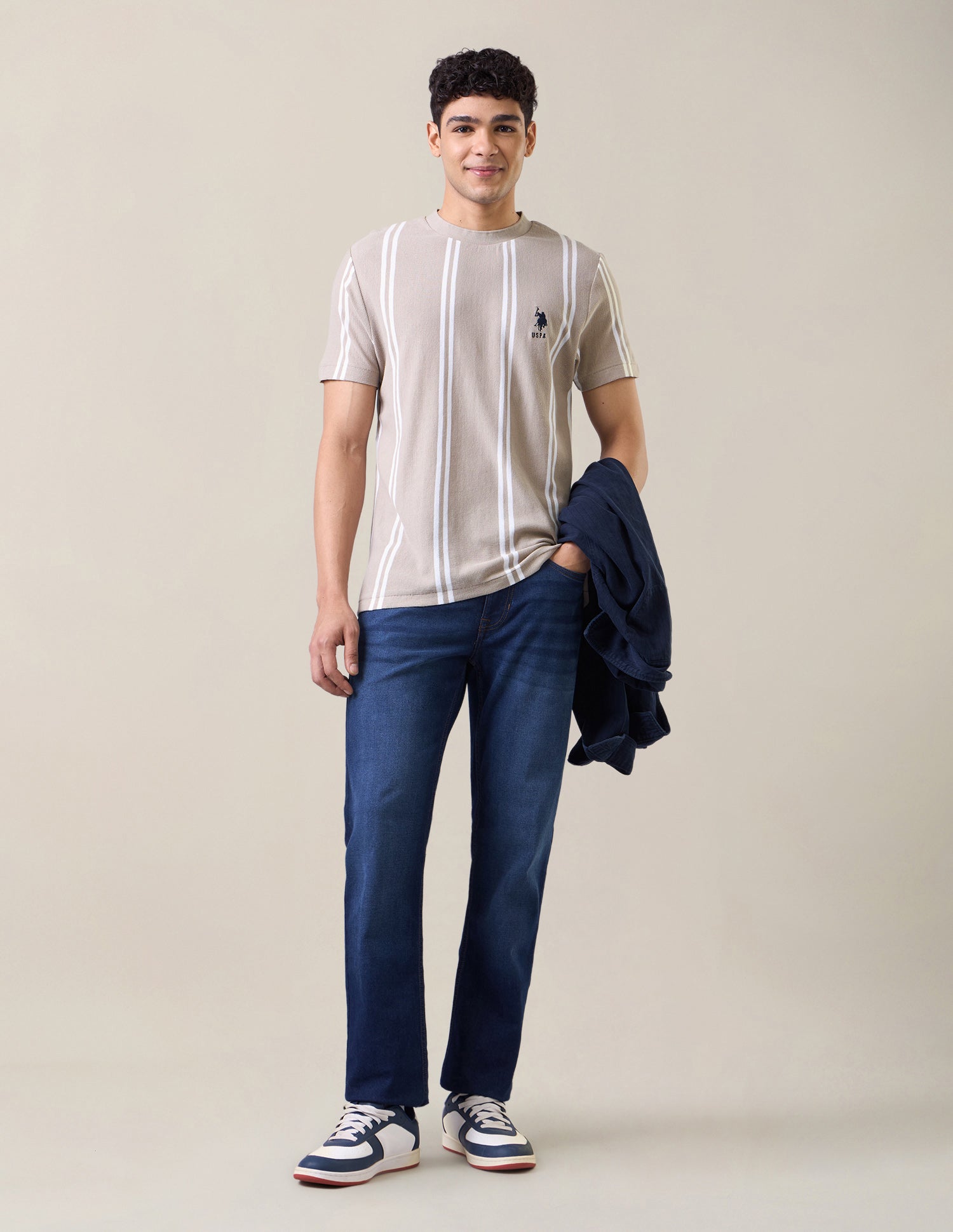 Vertical Striped Slim Fit T-Shirt Beige - U.S. Polo Assn. India | Large