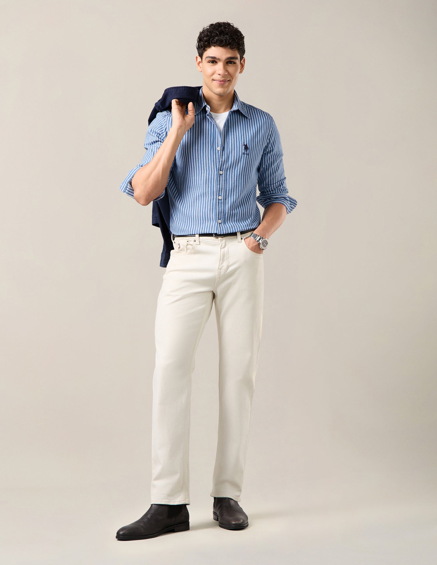Vertical Striped Twill Shirt Light Indigo - U.S. Polo Assn. India | Large