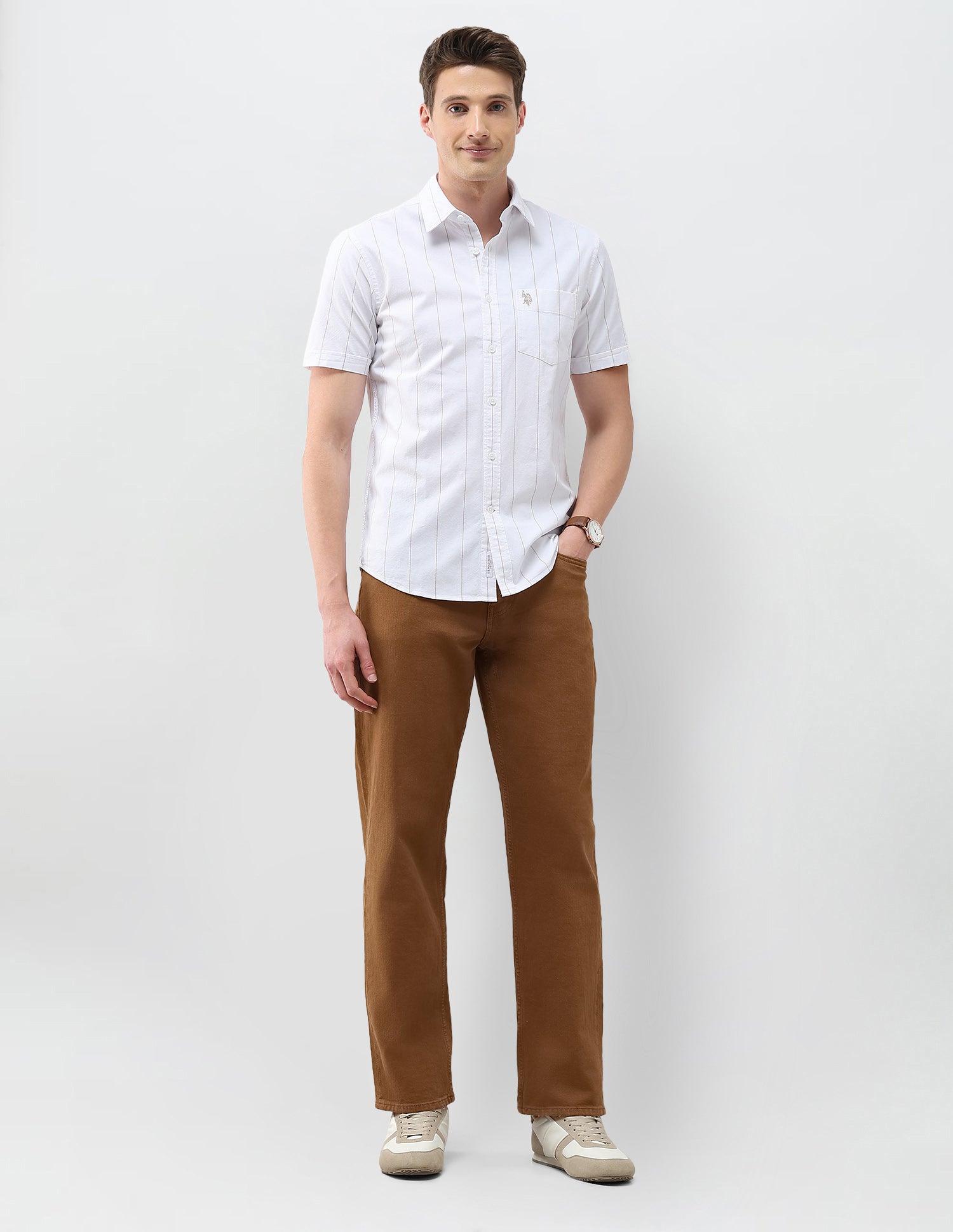 Oxford Regular Fit Vertical Striped Shirt Beige - U.S. Polo Assn. India | Large