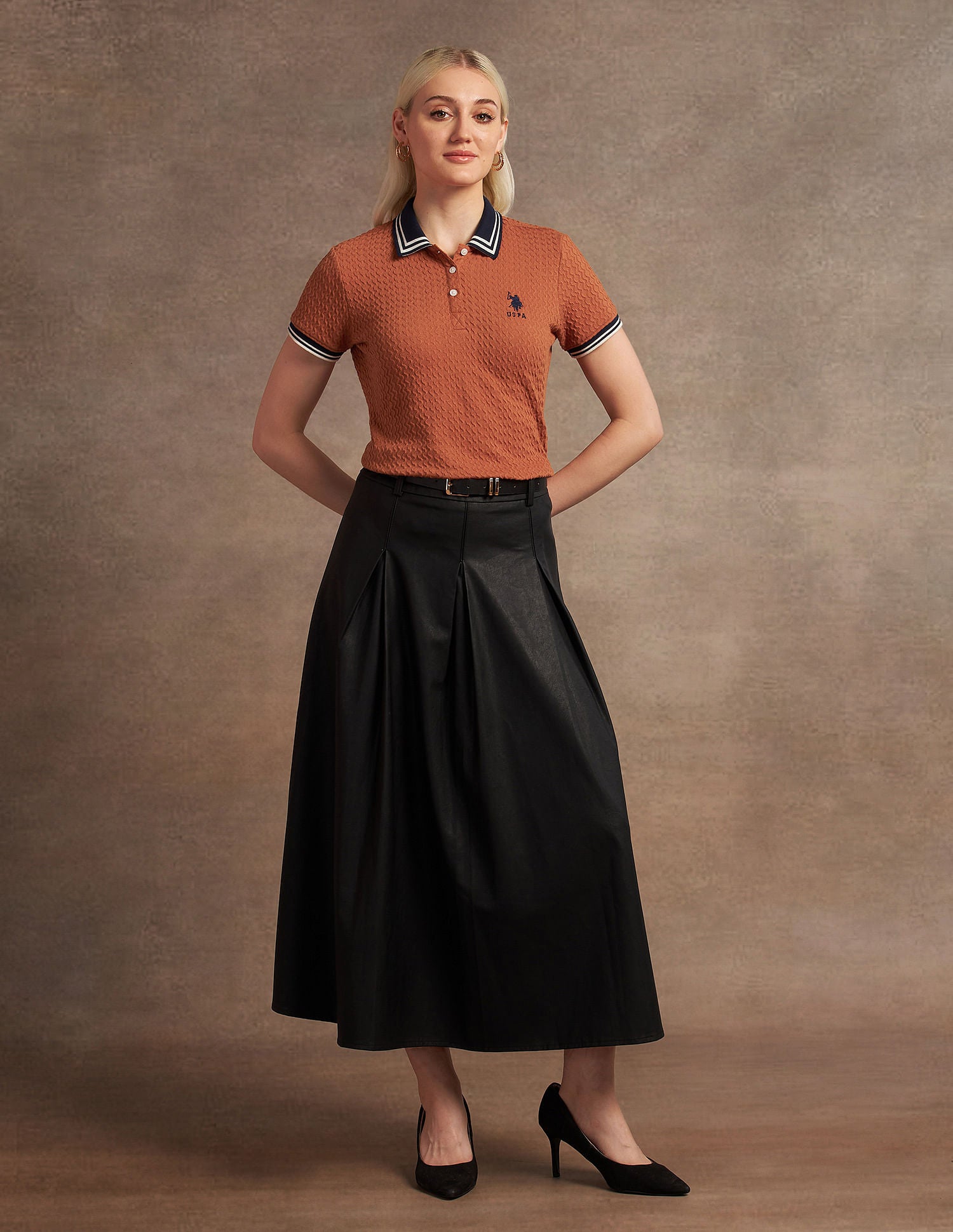 Textured Knit Contrast Collar Polo Shirt Rust - U.S. Polo Assn. India | Large