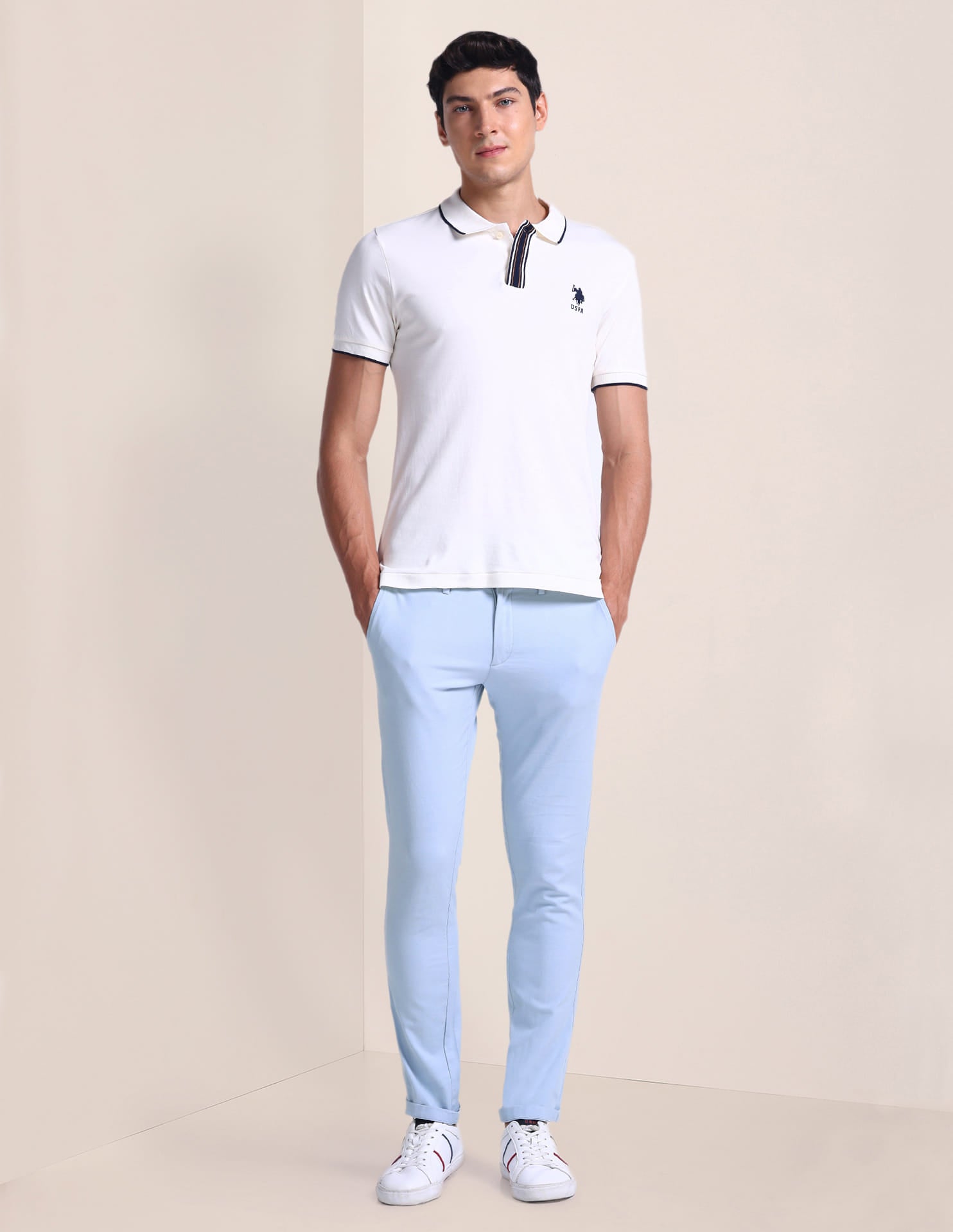 Slim Straight Fit Dobby Trousers Light Blue - U.S. Polo Assn. India | Large