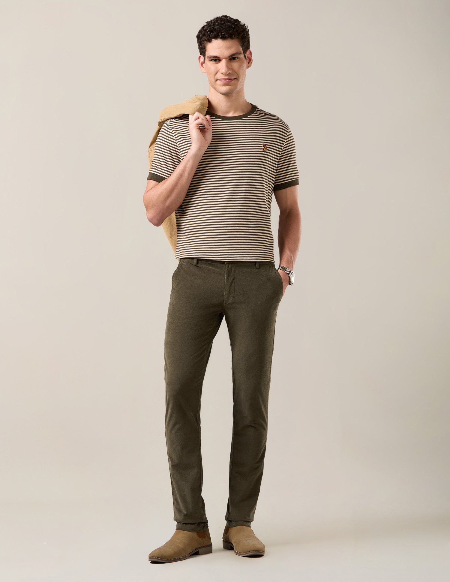 Denver Slim Fit Corduroy Trousers Light Olive - U.S. Polo Assn. India | Large