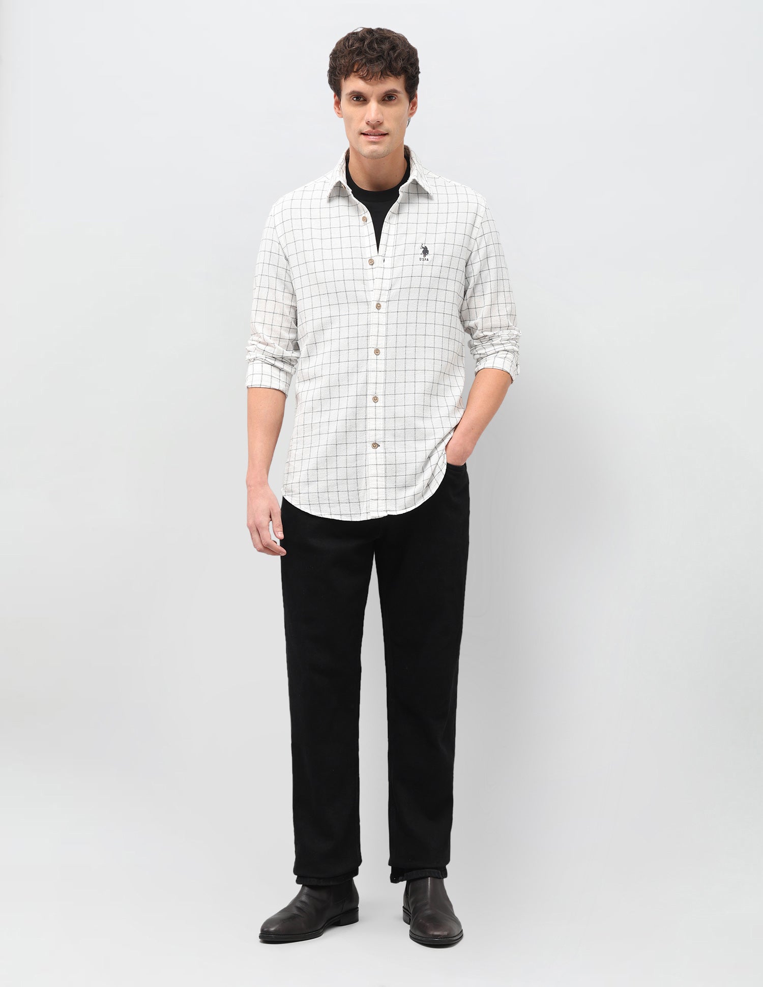 Windowpane Checked Regular Fit Shirt White - U.S. Polo Assn. India | Large