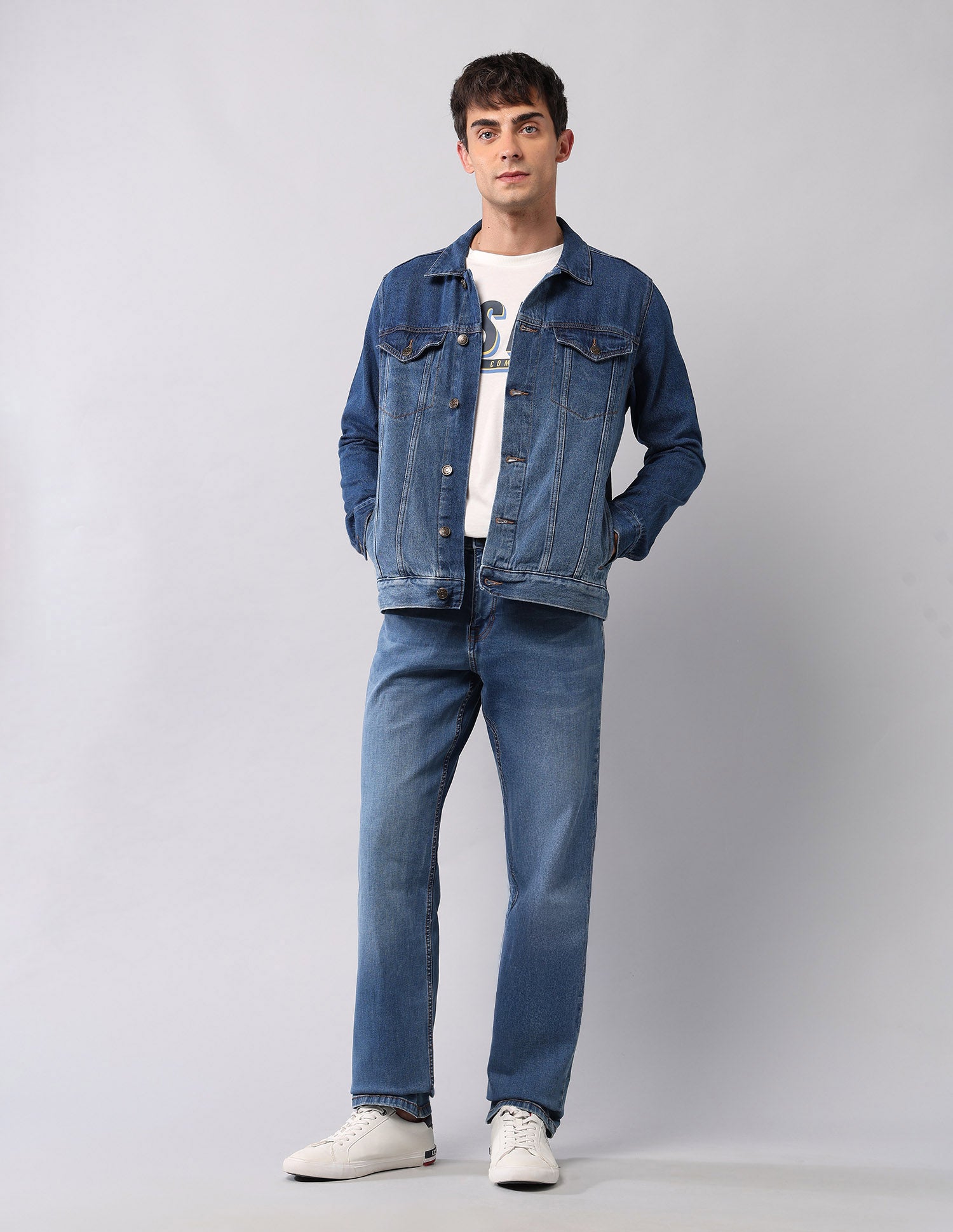 Pure Cotton Regular Fit Denim Jacket Mid Wash - U.S. Polo Assn. India | Large