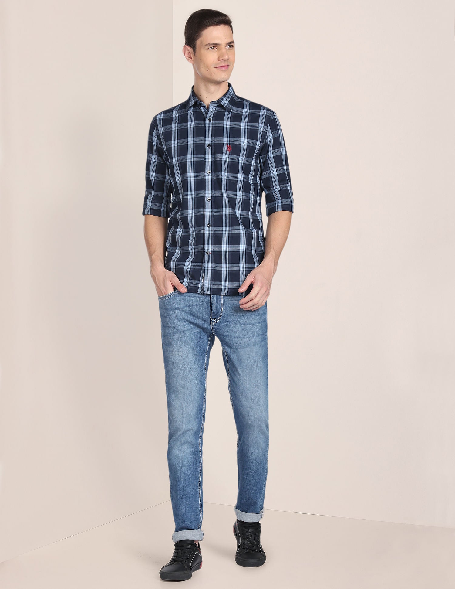 Spread Collar Tartan Check Shirt Dark Blue - U.S. Polo Assn. India | Large