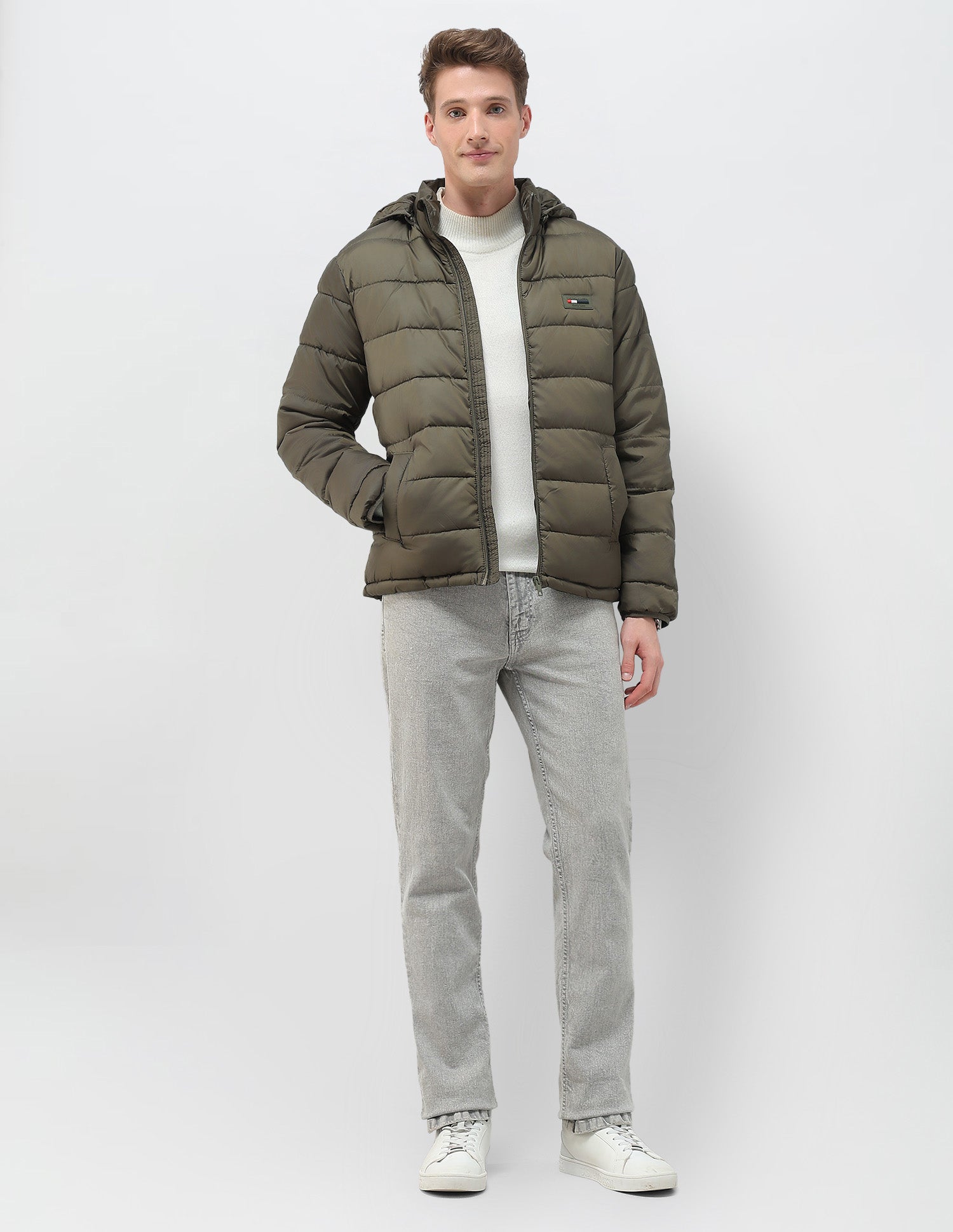 Removable Hood Solid Puffer Jacket Olive - U.S. Polo Assn. India | Large