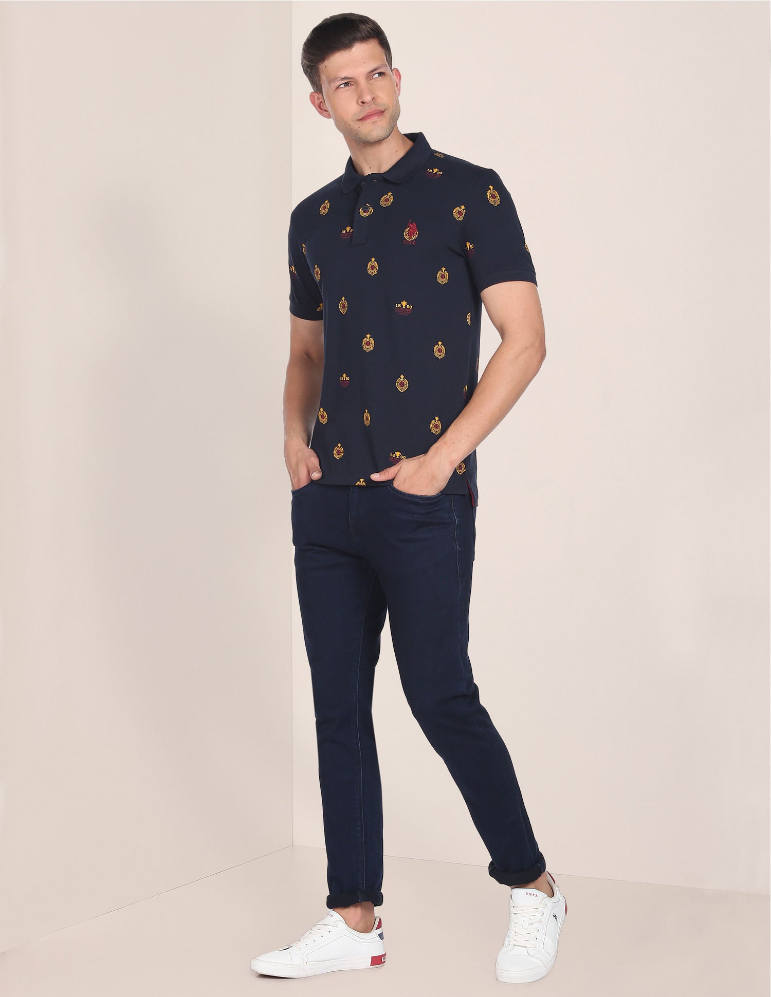 Monogram Print Cotton Polo Shirt Navy - U.S. Polo Assn. India | Large