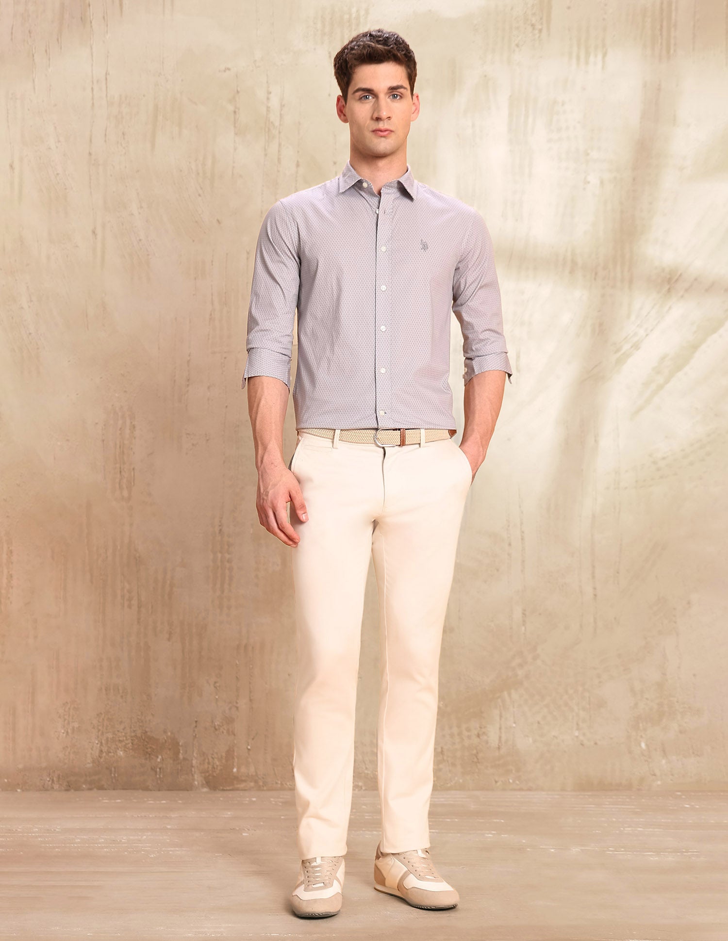 Floral Printed Tailored Fit Shirt Light Khaki - U.S. POLO ASSN. | Large