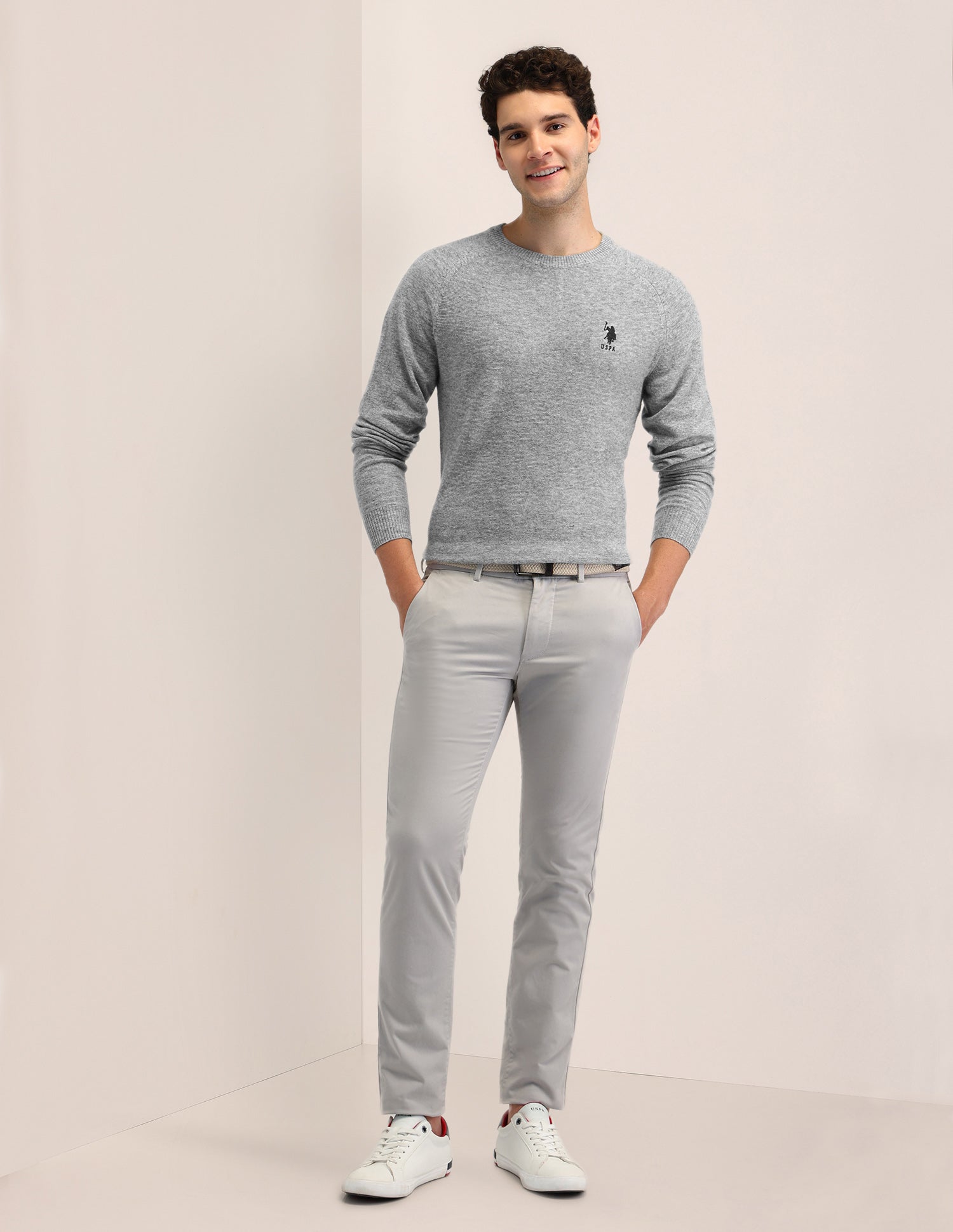 Textured Regular Fit Sweater Light Grey - U.S. Polo Assn. India | Large