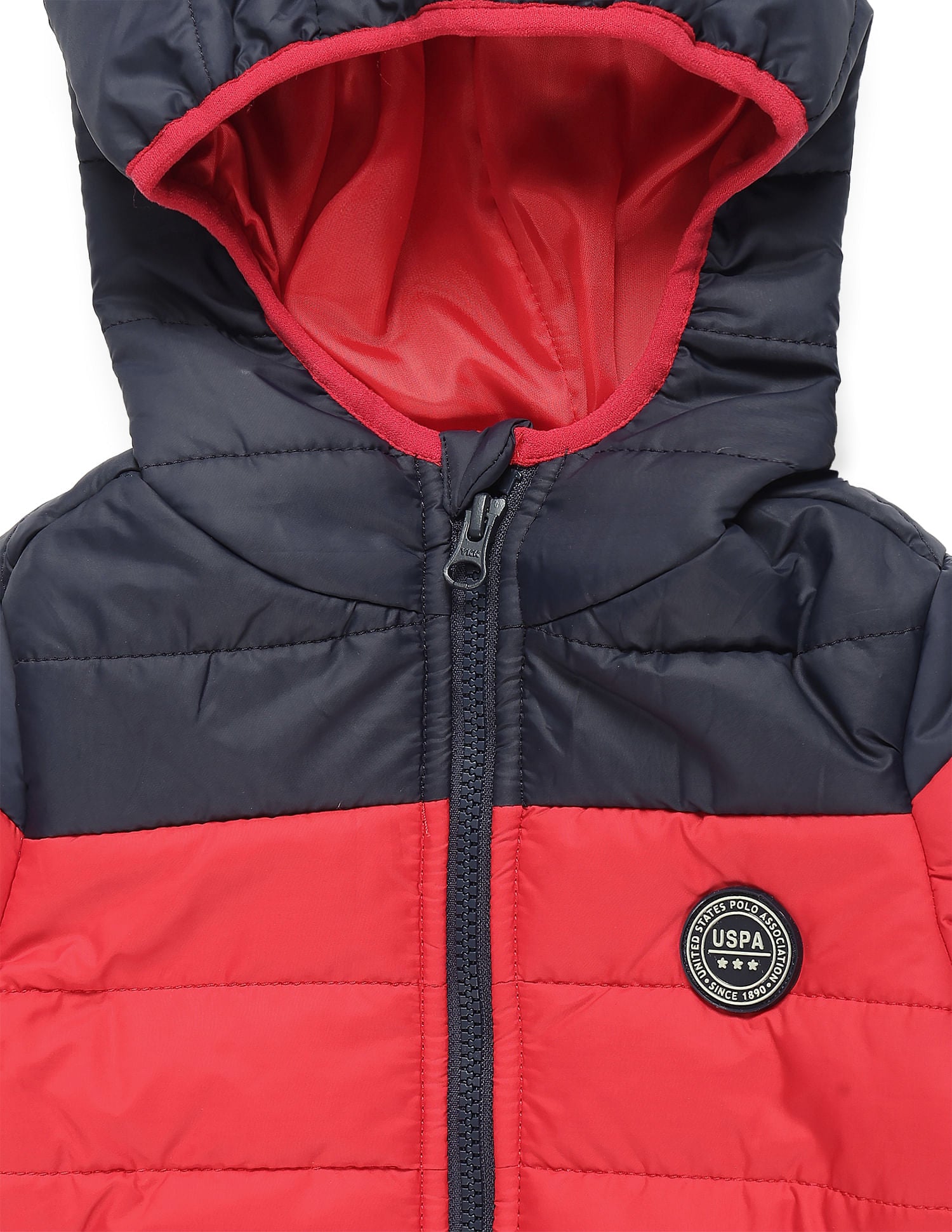 Boys Colour Block Hooded Puffer Jacket Red - U.S. POLO ASSN. | Large