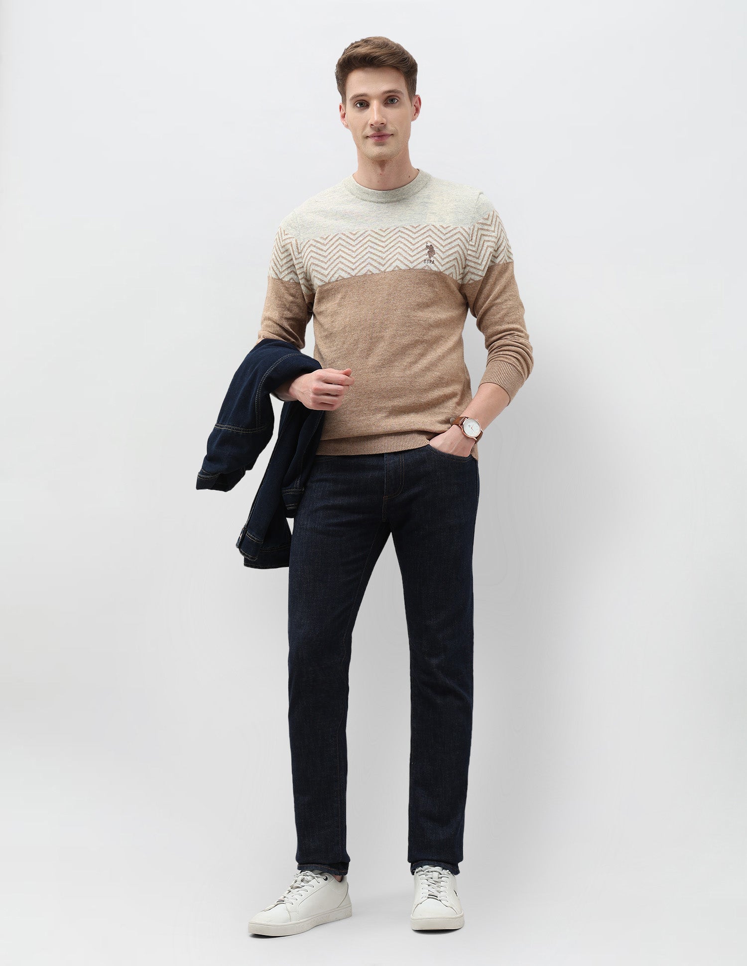 Chevron Patterned Knit Sweater Light Brown - U.S. POLO ASSN. | Large