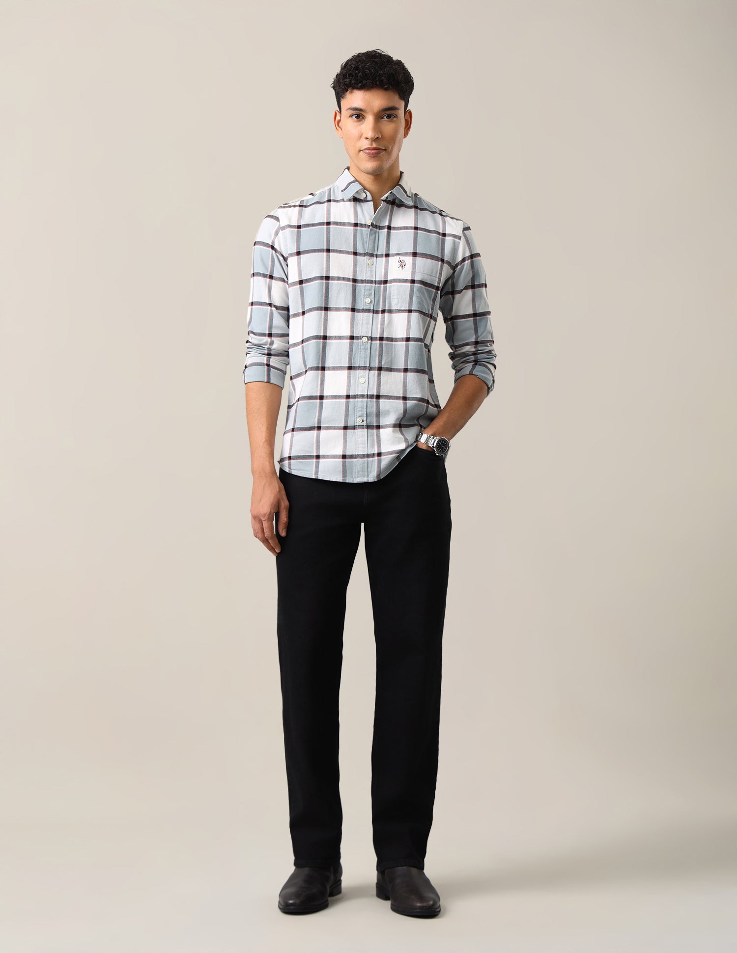 Twill Windowpane Checked Shirt Grey - U.S. Polo Assn. India | Large