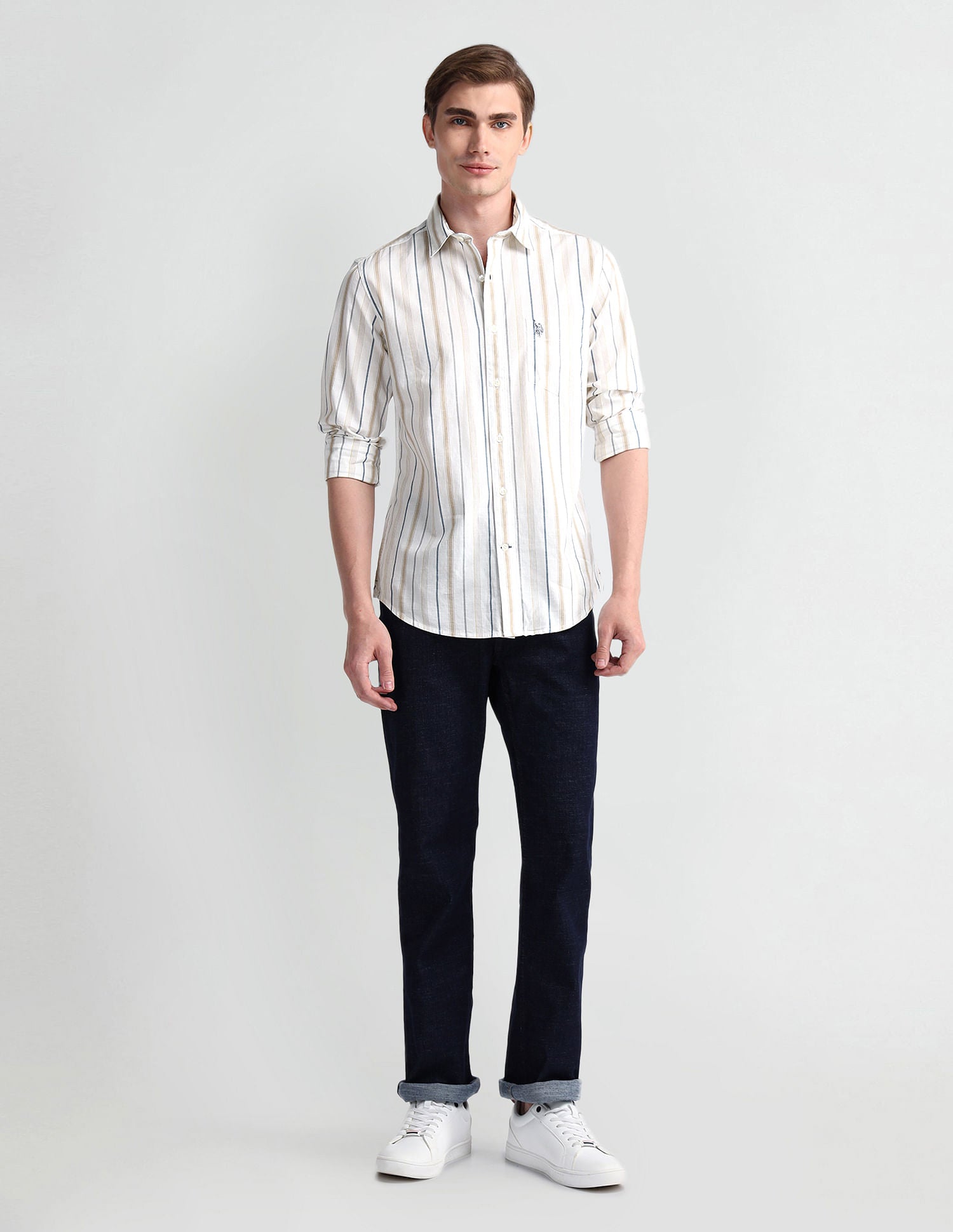 Slim Fit Vertical Striped Shirt Beige - U.S. Polo Assn. India | Large